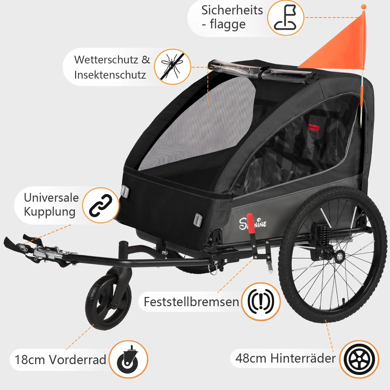 Remorque vélo 2 en 1 pliable pour 1 à 2 enfants avec suspension, poussette jogging grand rangement