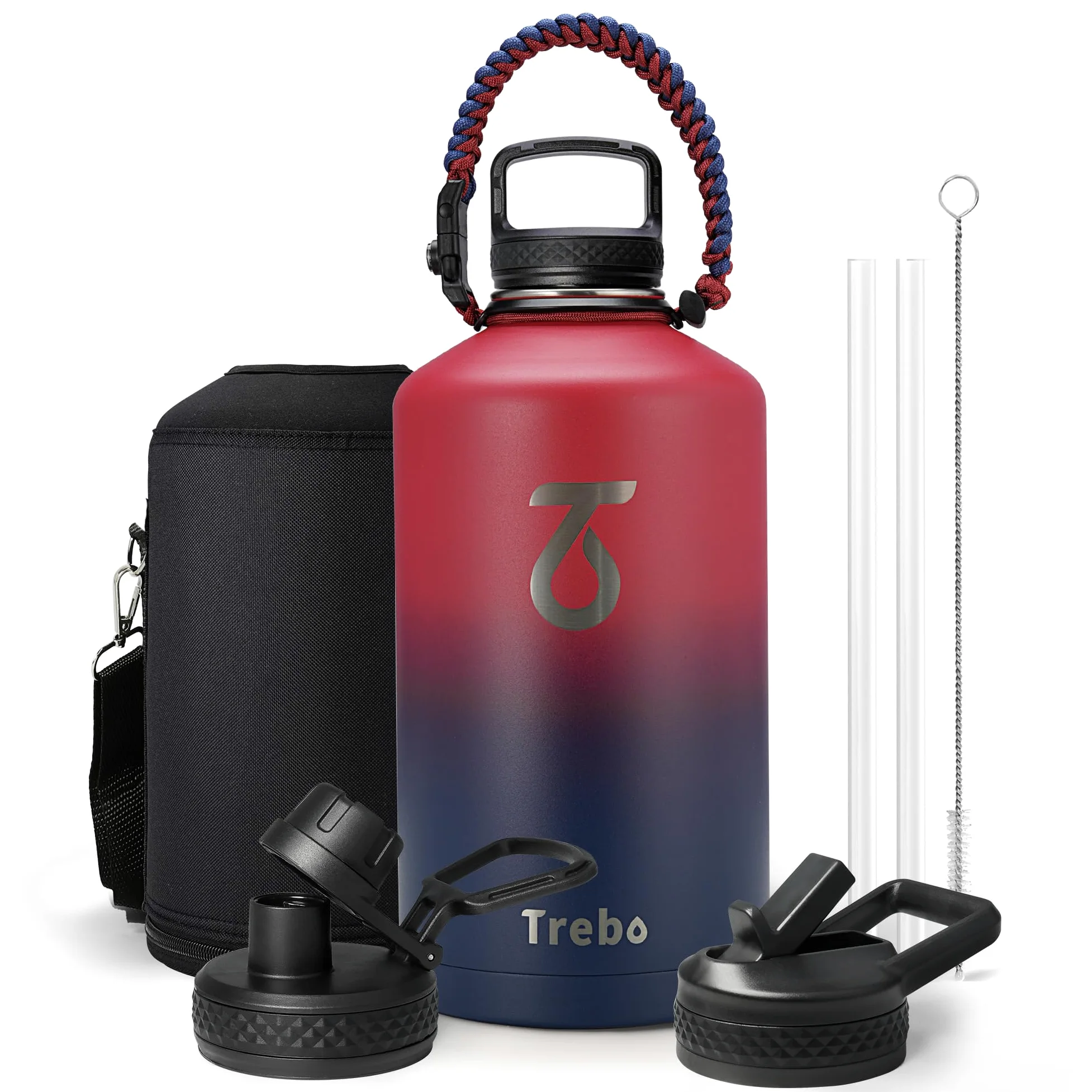 Trebo Bouteille d'eau isotherme de 3,8 l avec poignée en paracorde et paille, grande carafe sous vide en acier inoxydable à triple paroi sous vide, garde la glace froide 48 heures, gourde de sport