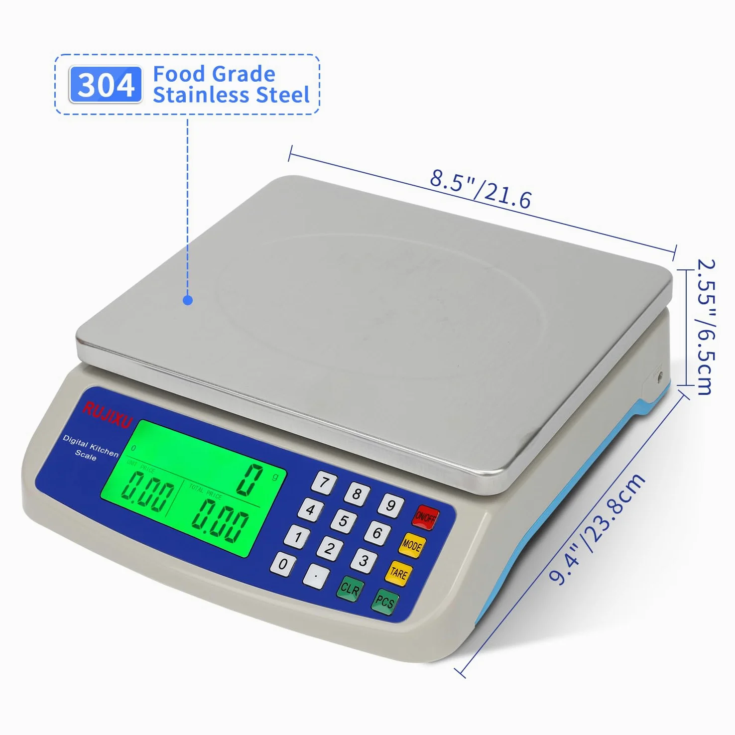 Balance de cuisine precision 10kg/0.5g acier inoxydable balance professionnelle alimentaire avec Écran LCD Rétroéclairé, pese aliment 5 Unités et Fonction Tare, Piles incluses avec USB