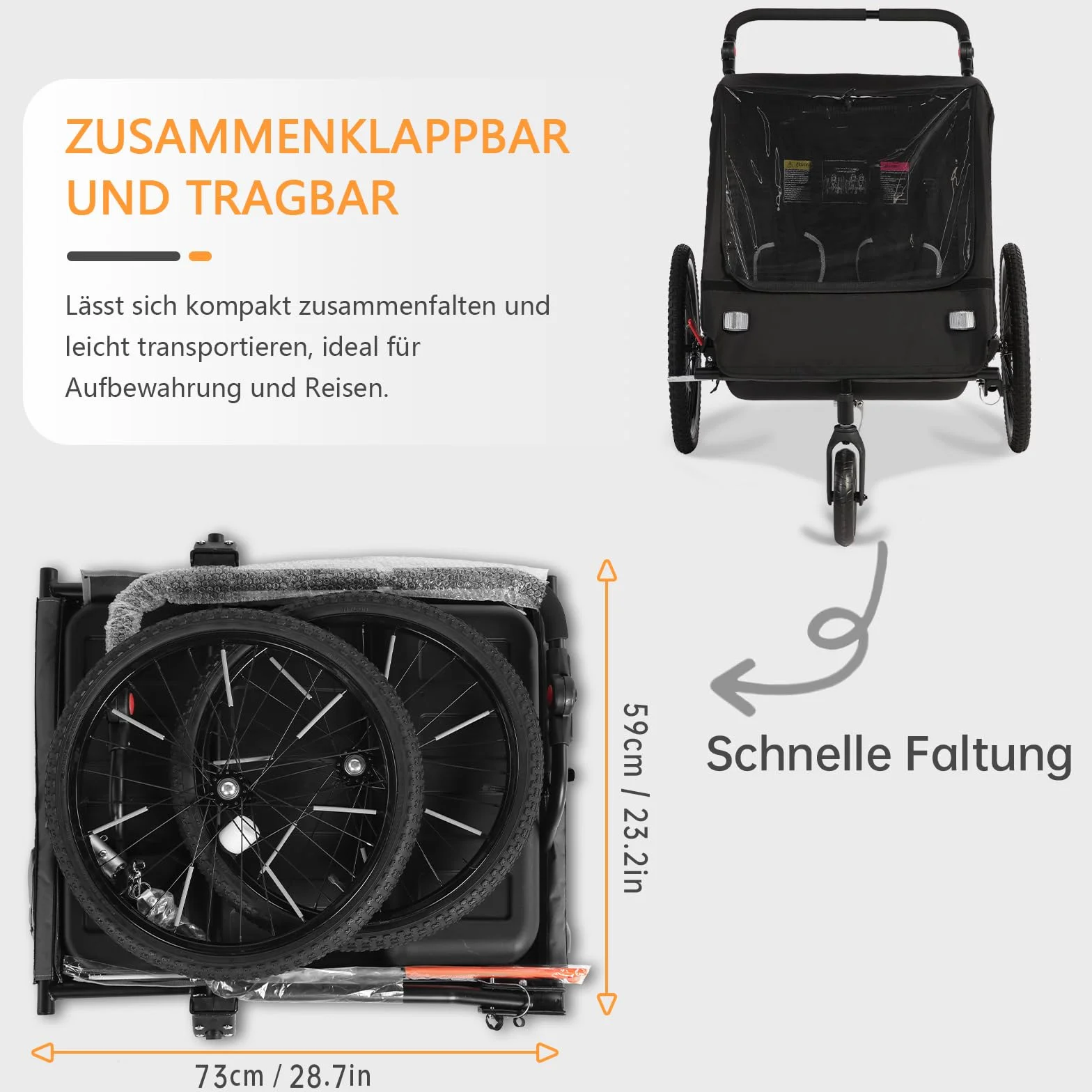 Remorque vélo 2 en 1 pliable pour 1 à 2 enfants avec suspension, poussette jogging grand rangement