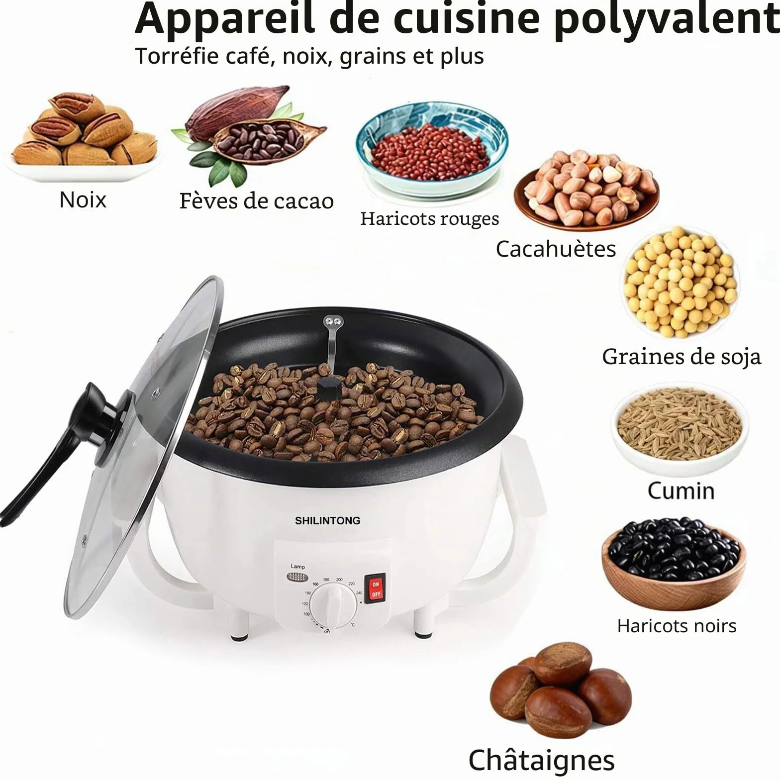 SHILINTONG Torréfacteur Électrique Café 750g 220V 1200W Revêtement Antiadhésif