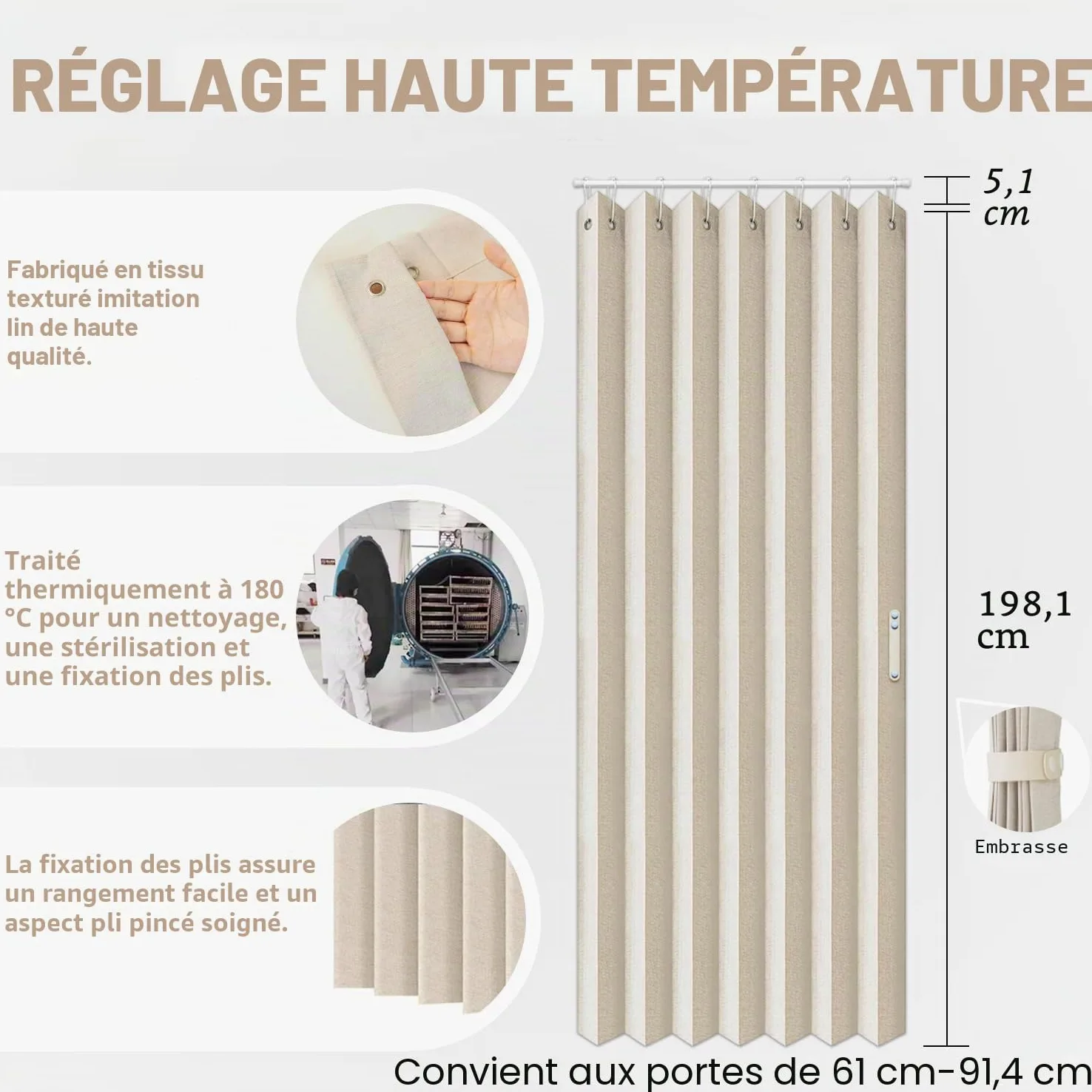 Vatge Rideaux de placard, rideaux de porte de style accordéon pour portes, rideaux plissés pour placard et séparateur de pièce, 1 rideau, 99 x 198 cm, beige