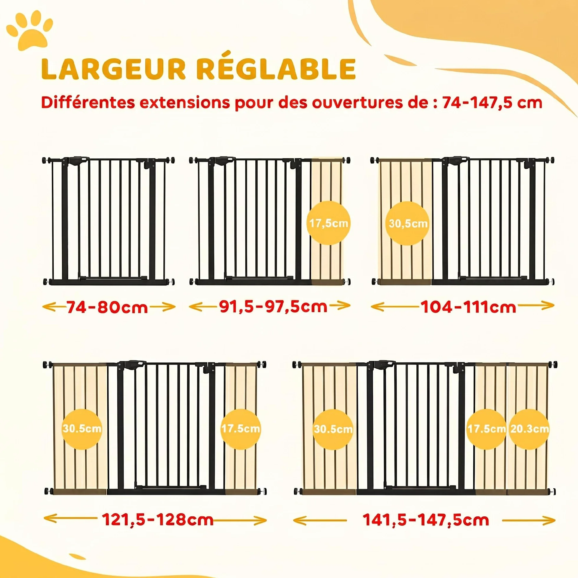 PawHut Barrière de sécurité Animaux 74-148 x 76,2 cm Porte Fermeture Automatique Double Verrouillage sans perçage 3 Extensions Noir