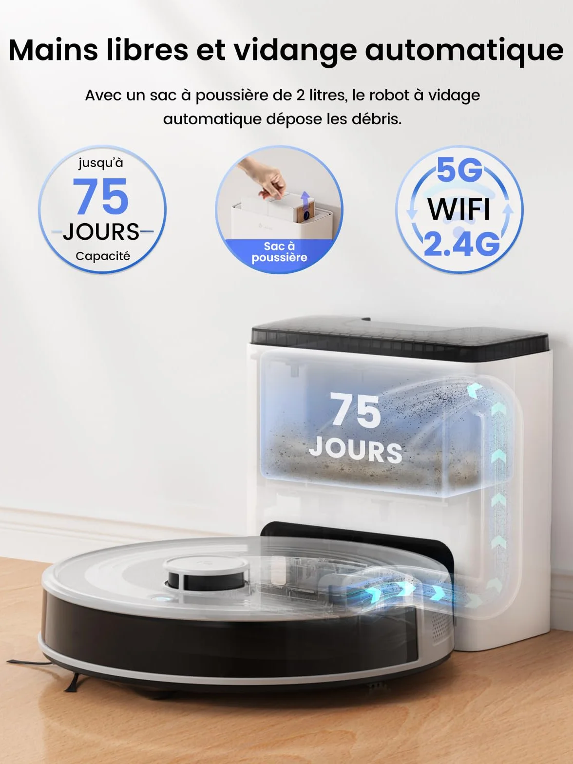 Lefant M2S Plus Aspirateur Robot Laveur avec Station, 10000Pa, Vidange Automatique, 240min, Poils d'animaux Tapis Sols Durs, Alexa/App