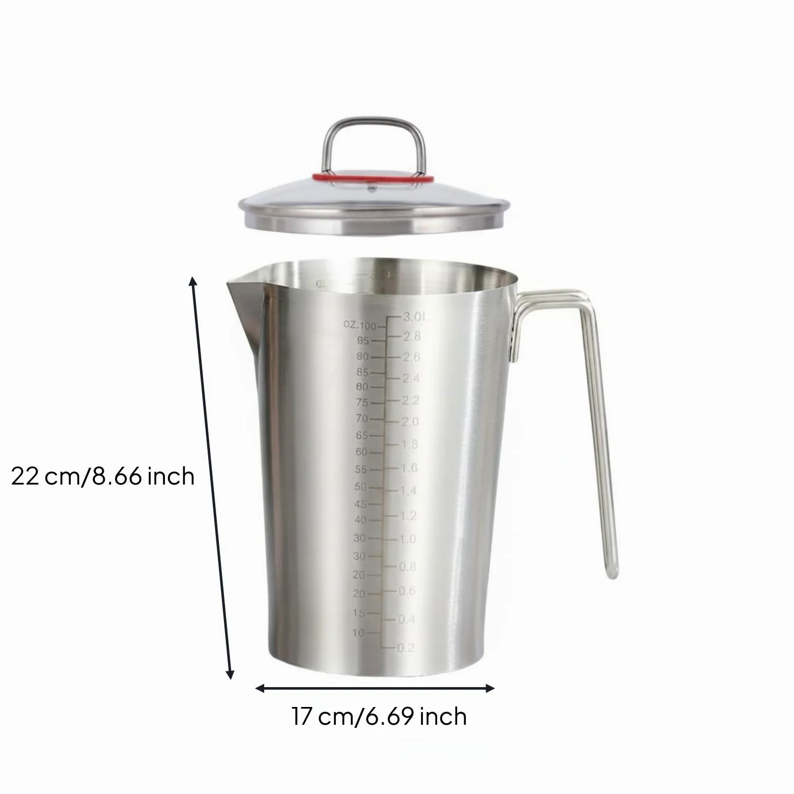 Laboratoire Verre Mesure Récipient Inoxydable Gradué Poignée Métallique Bec Verseur Adapté à Cuisine Préparation de Recettes Mélange, 3 L, Avec Couvercle En Verre
