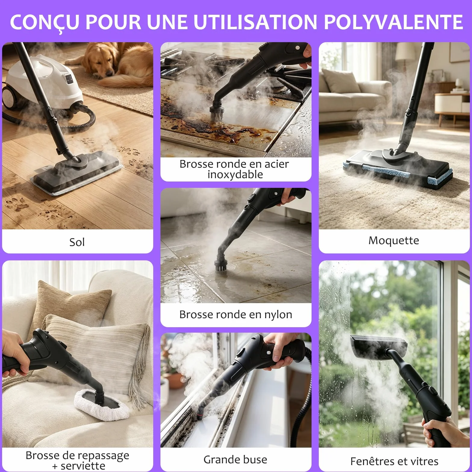 Nettoyeur vapeur portable 120 °C 20 accessoires pour sols canapés fenêtres meubles cuisine