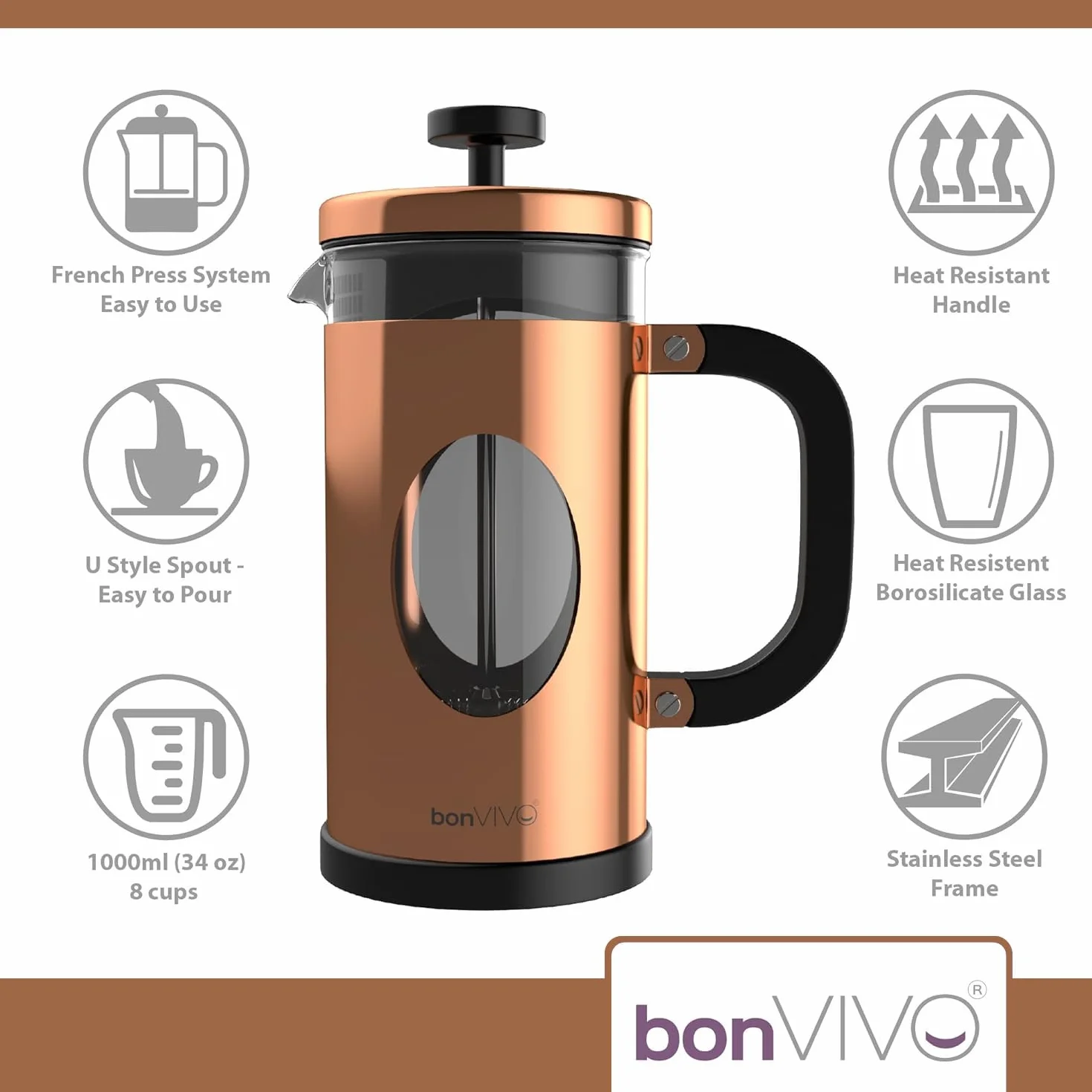 BonVIVO Cafetière à Piston 1L Inox Verre Thermorésistant French Press avec Filtres de Rechange Finition Cuivre