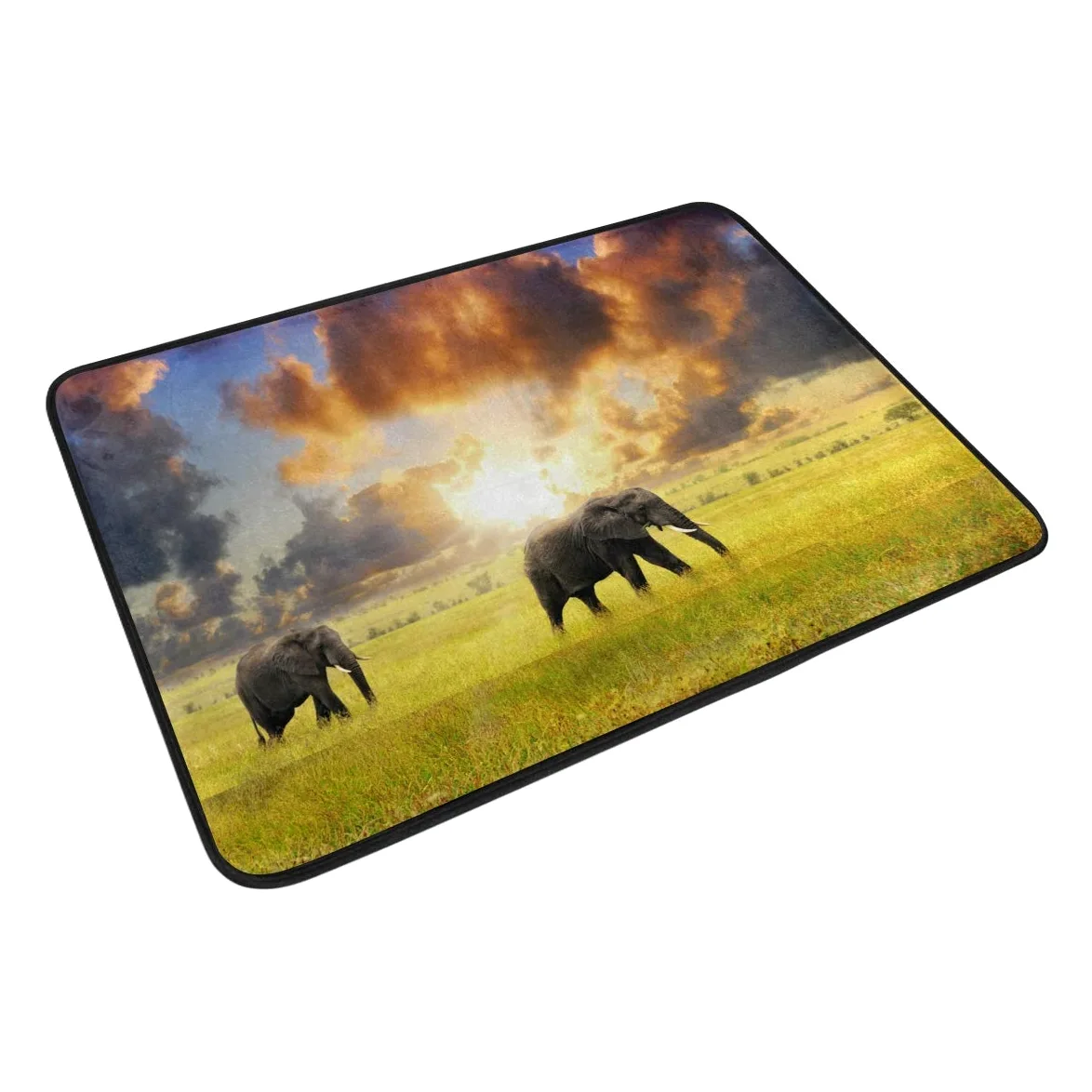 Lot de 2 tapis de bain BKEOY en tissu polyester antidérapant Motif éléphant couchant de soleil Tapis de bain lavable intérieur Décoration de la maison