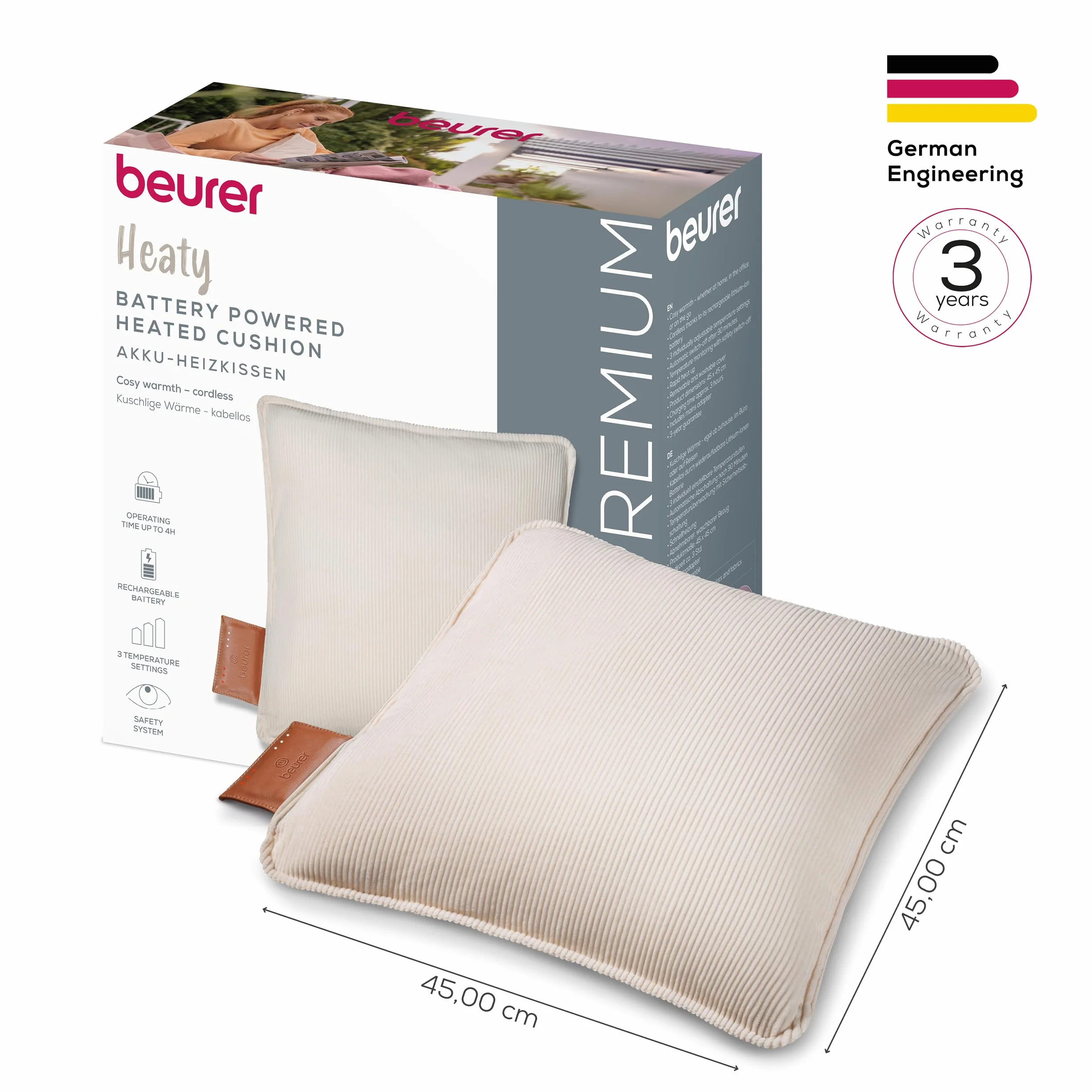 Beurer Coussin chauffant sans fil avec batterie, arrêt automatique, 3 réglages température, velours côtelé doux, blanc
