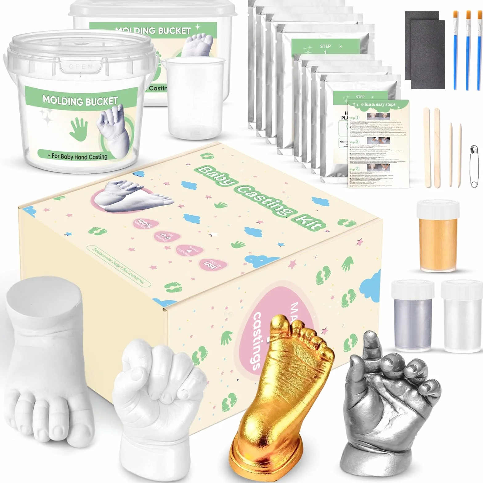 Empreinte Main Pied Bebe 0-9 Mois Kit de Moulage 3D 4 Moulages avec Peintures Non Toxique Souvenirs Personnalisés Cadeau Naissance
