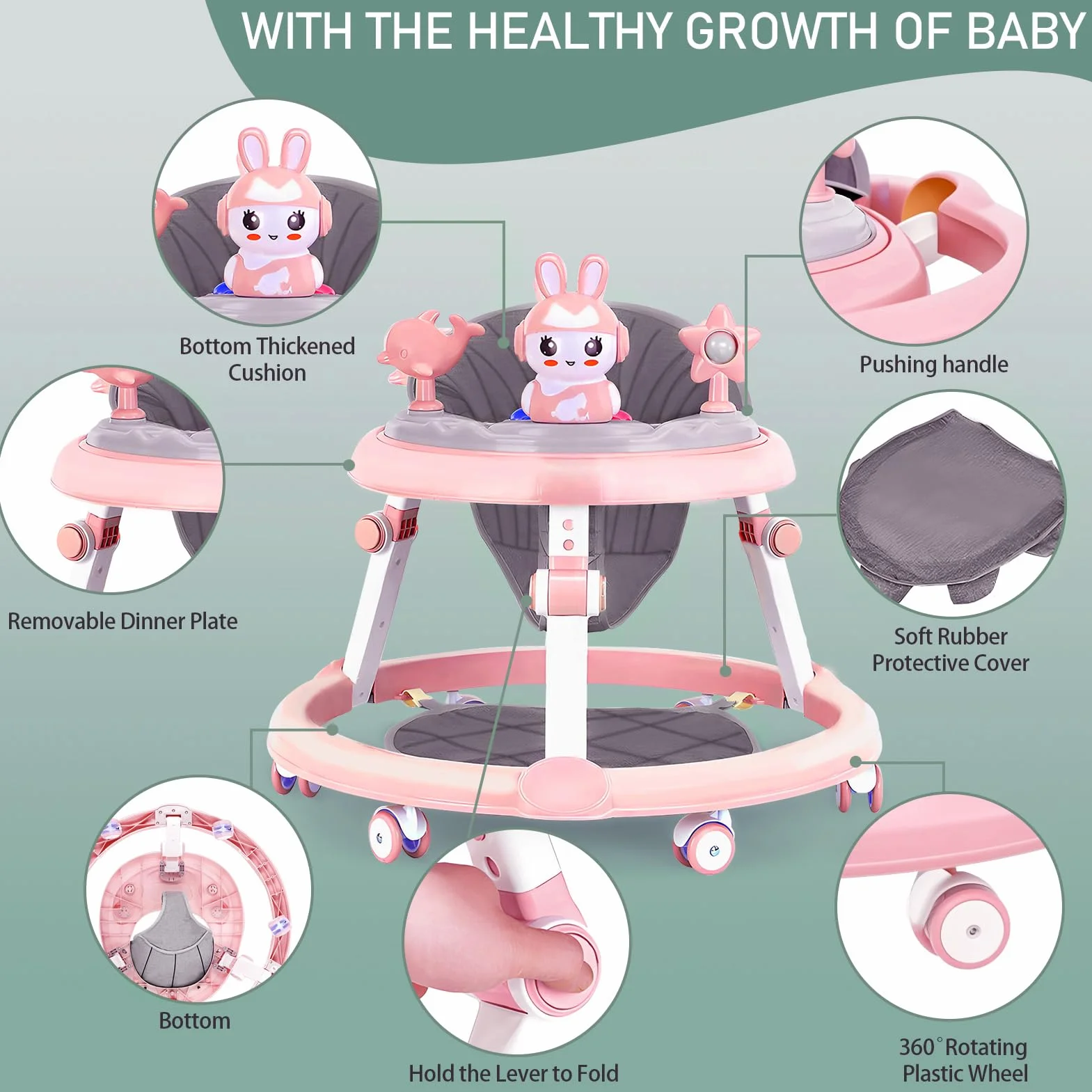 Trotteur Bébé Pliable Évolutif Réglable en Hauteur 7 Niveaux, Roues Silencieuses, Anti Basculement 6-18 Mois Rose