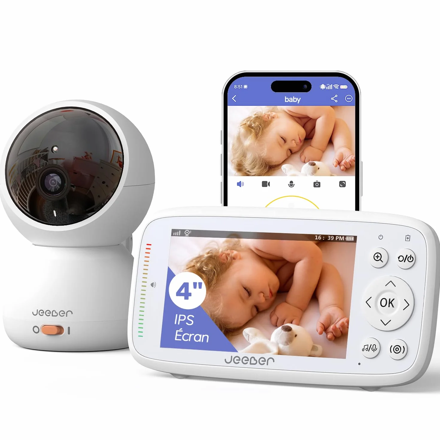 Babyphone Caméra Bébé 4" IPS Écran 1080P 360° Vision Nocturne Communication Bidirectionnelle Température VOX 300m Longue Portée Connecté Smartphone