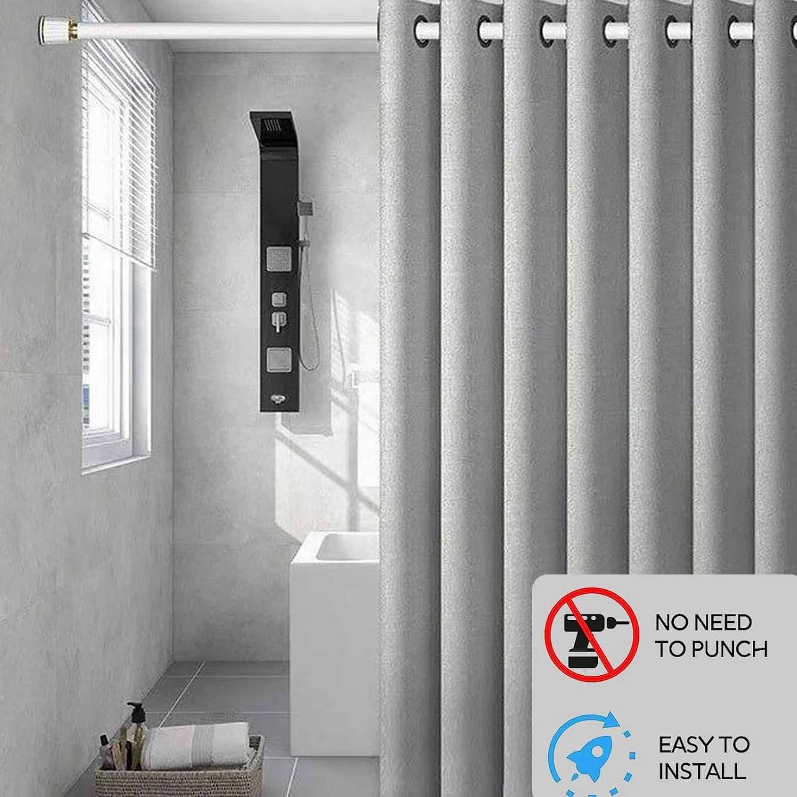 Tringle À Rideau De Douche Extensible, Tringle À Rideau Télescopique 40–500cm, sans Perçage, pour Baignoire, Barre De Placard, Douche, Rideau 110-190 cm / 43.3-74.8 in Gris