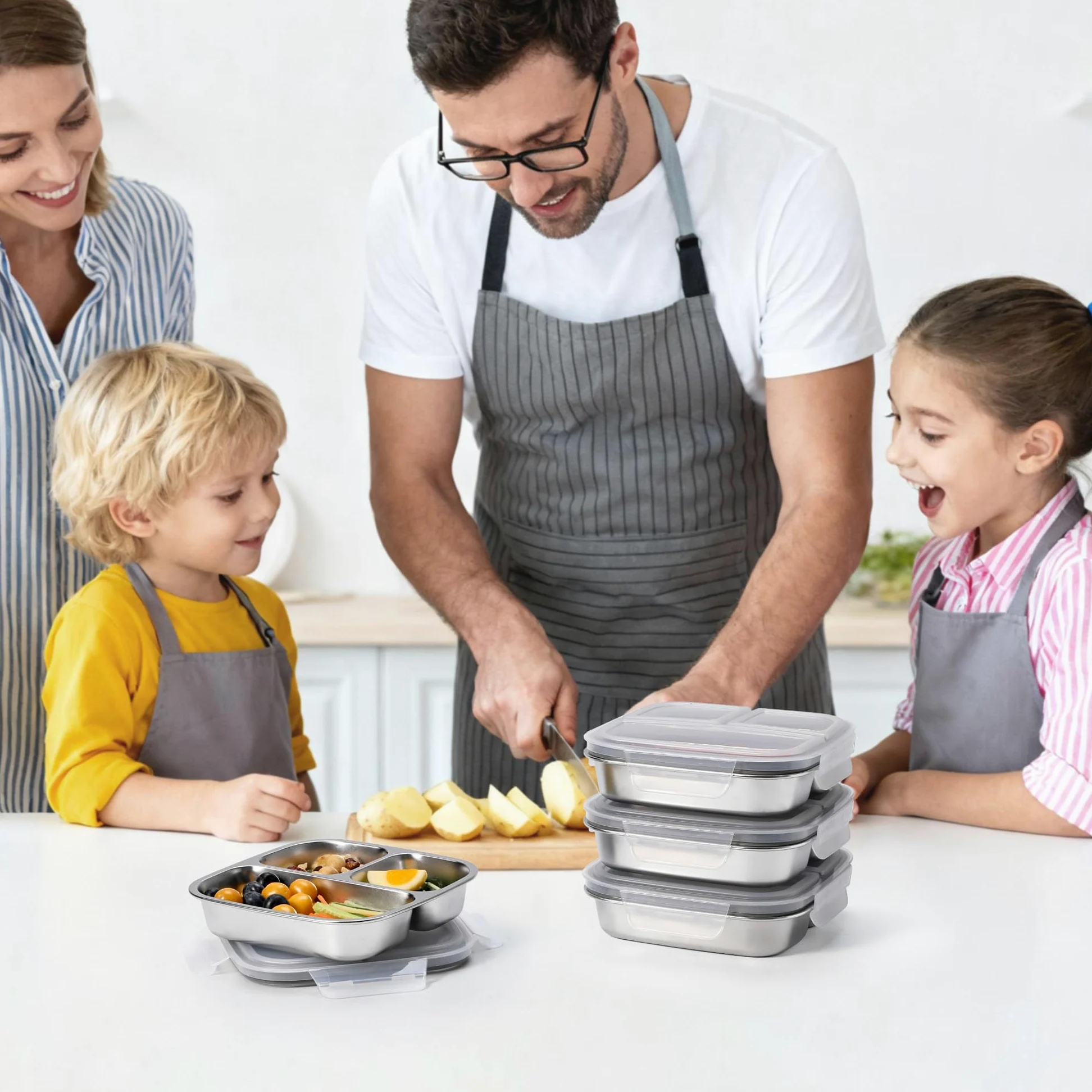 Misichao Lot de 4 boîtes à goûter réutilisables en acier inoxydable avec 3 compartiments | 600 ml pour enfants et adultes - Pour l'école, le travail et les voyages - Gris