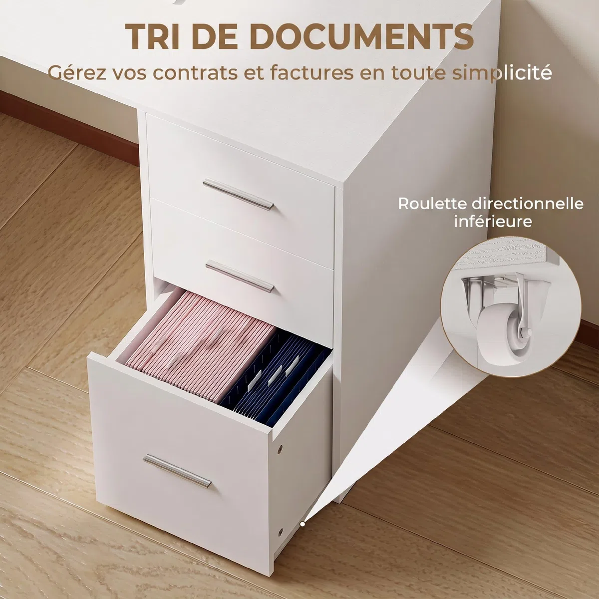 HOMCOM Bureau d'angle 3 Tiroirs Bureau Informatique en L 140x100x75cm Blanc
