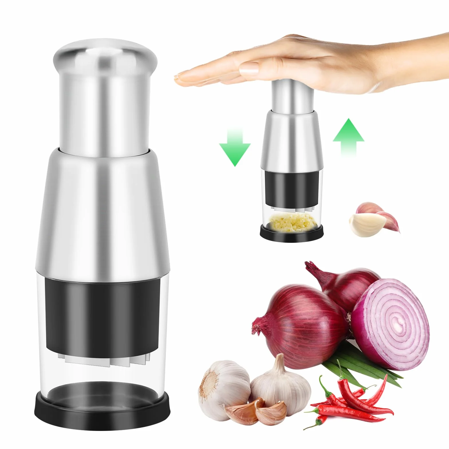 Presse-Ail Inox Hacheuse d'Échalote Coupe-Oignon Manuel à Pousser Hachoir Gingembre Ustensile de Cuisine Noir