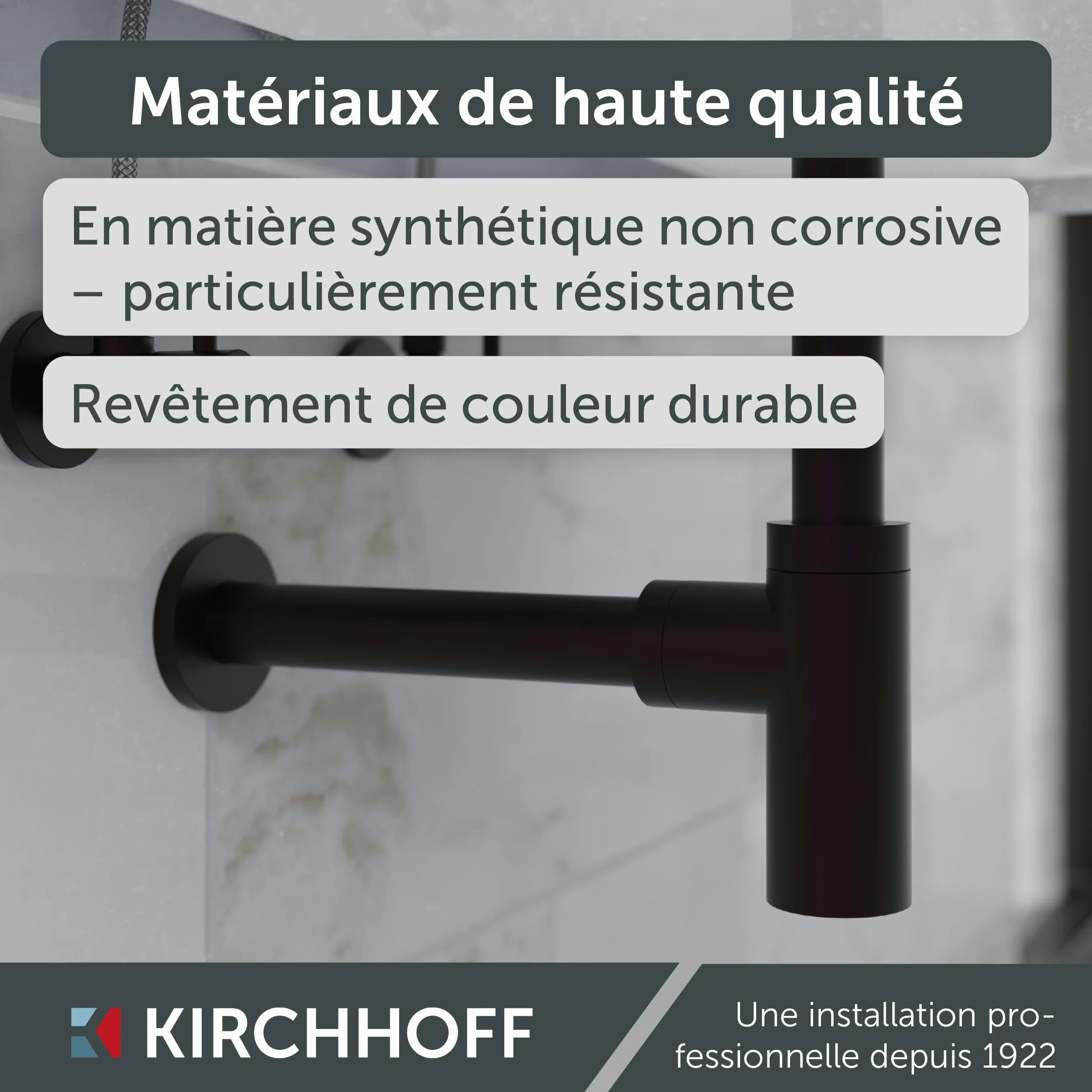 Kirchhoff Siphon lavabo plastique non corrosif anti-odeurs avec ouverture de nettoyage noir