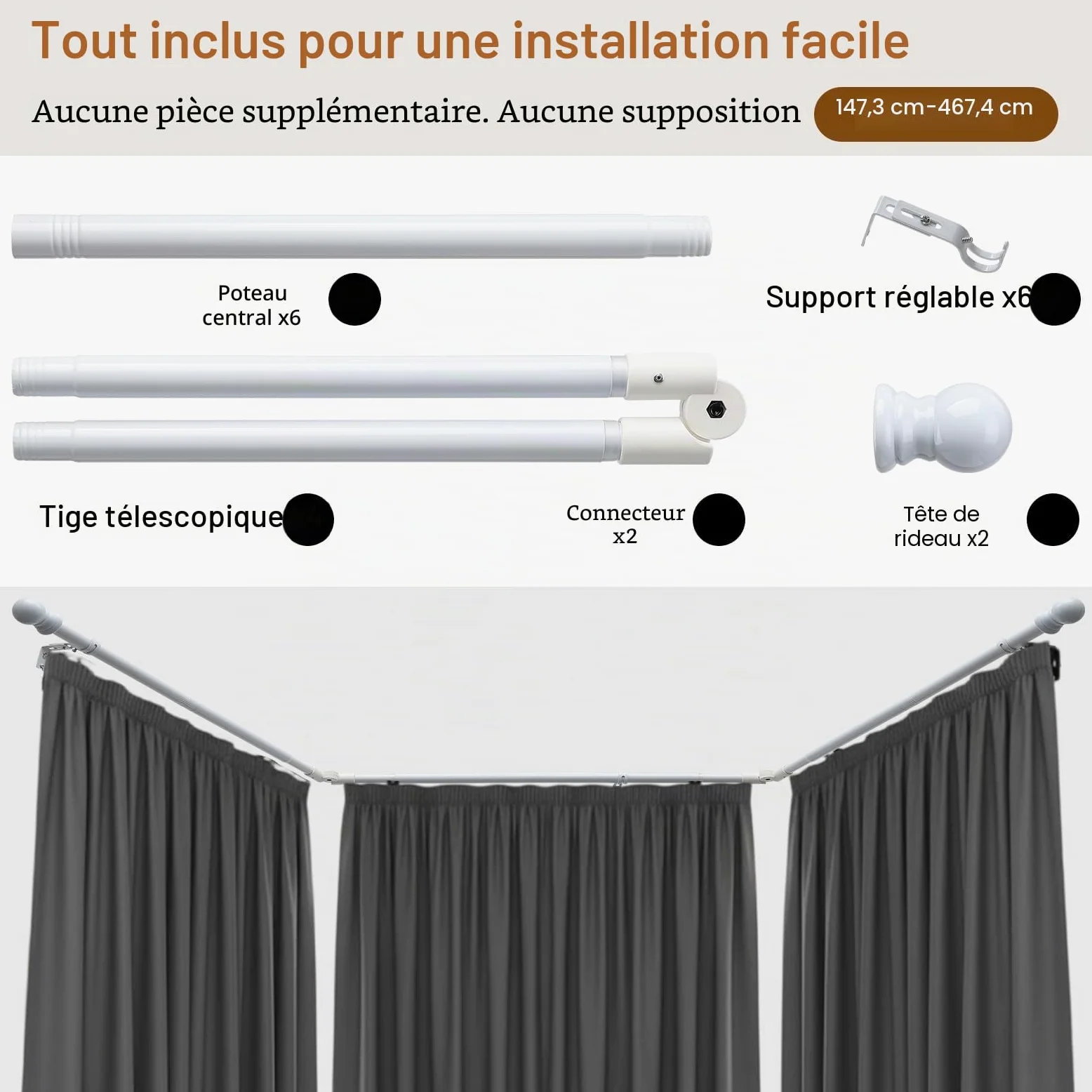 Tringle à rideaux d'angle réglable et robuste en forme de U avec supports pour fenêtres – 91,4 à 406,4 cm – Blanc