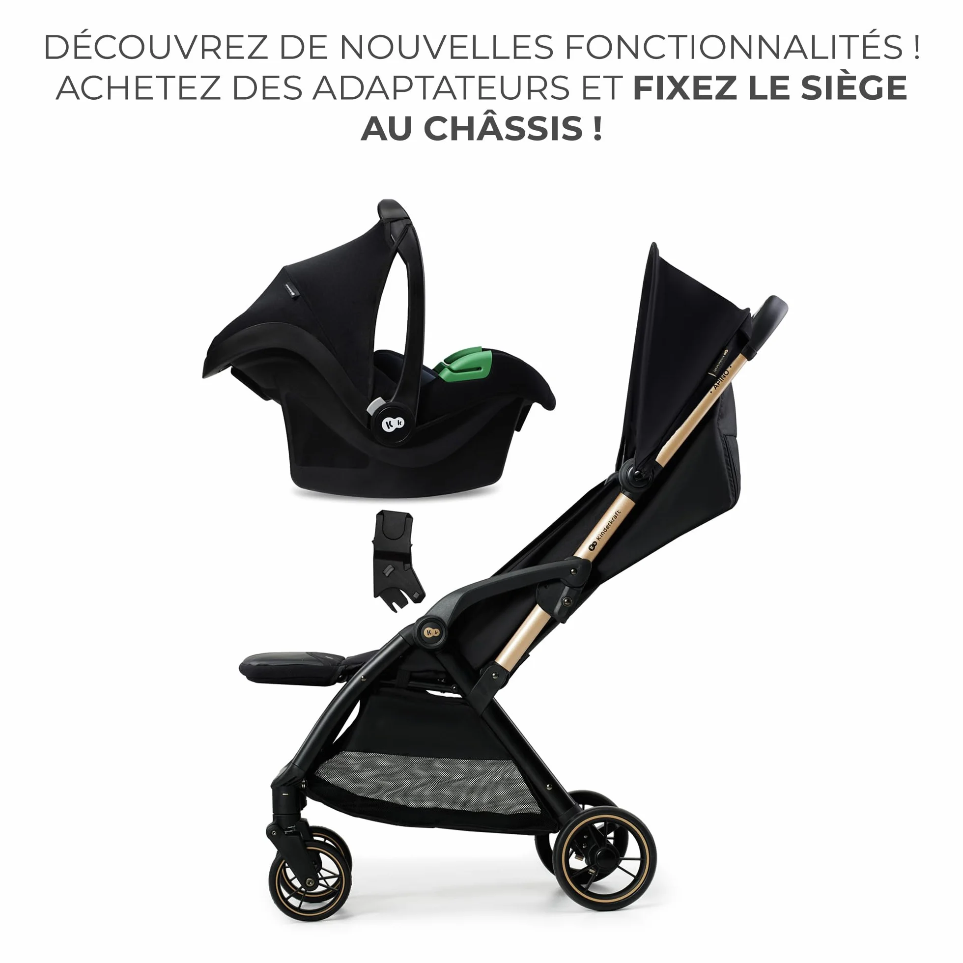 Kinderkraft APINO Poussette Légère 7,5 kg Pliage Automatique Auto Folding Noir