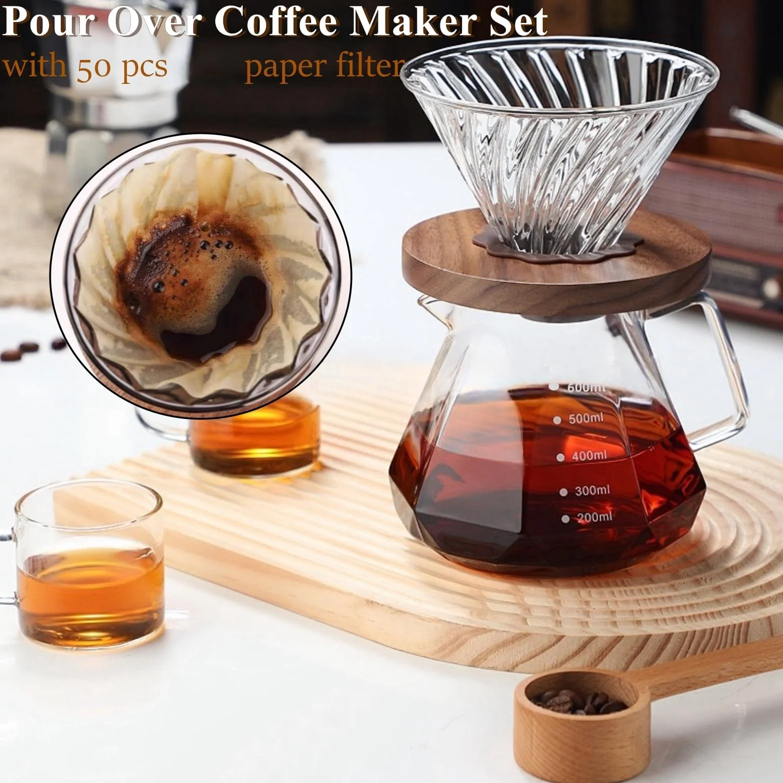 Lot de 50 cafetières en verre borosilicate avec couvercle et filtres en papier - Poignée en noyer