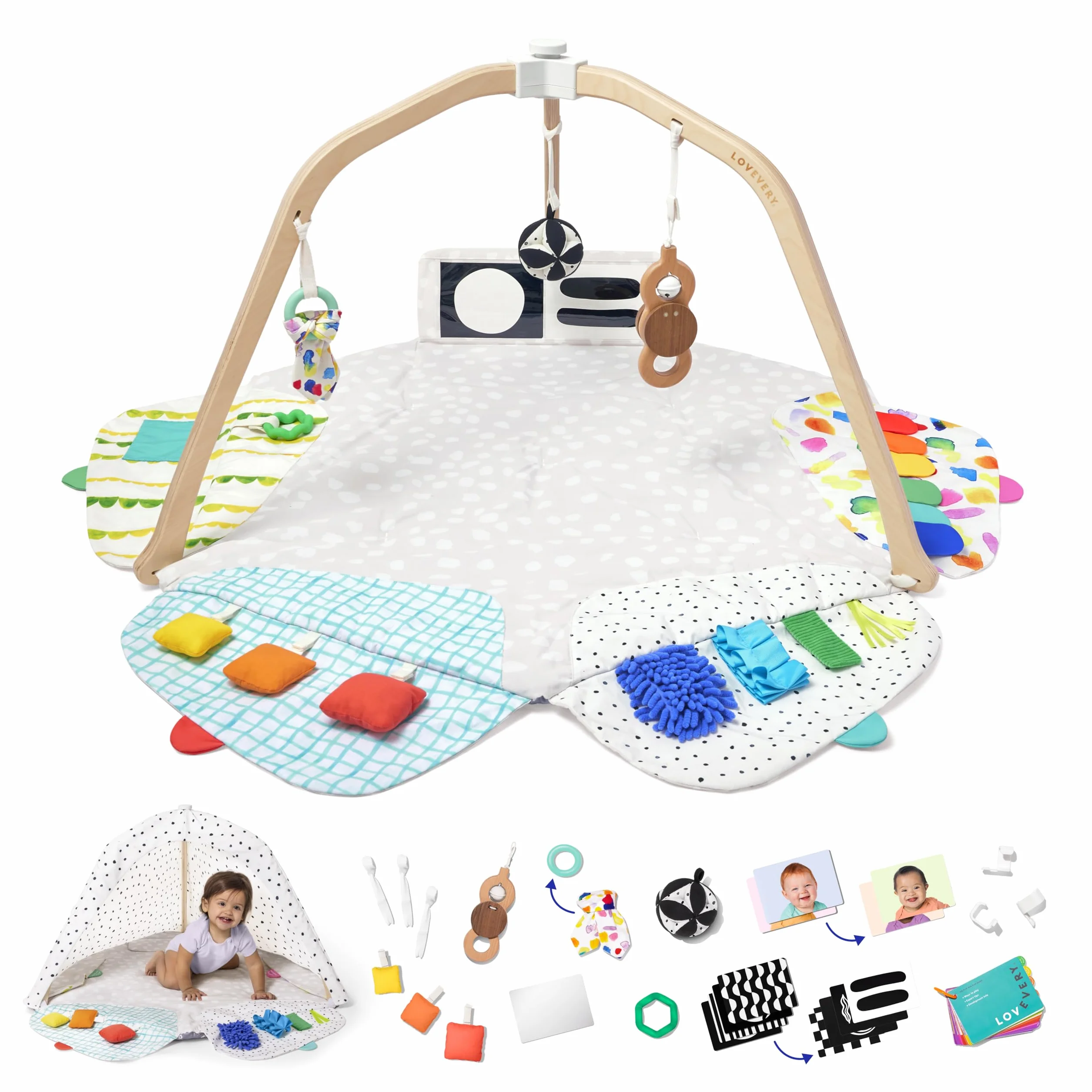 Lovevery Tapis d'Éveil Bébé avec Arche de Jeu en Bois, 5 Zones, Développement l'enfant, Dès la Naissance