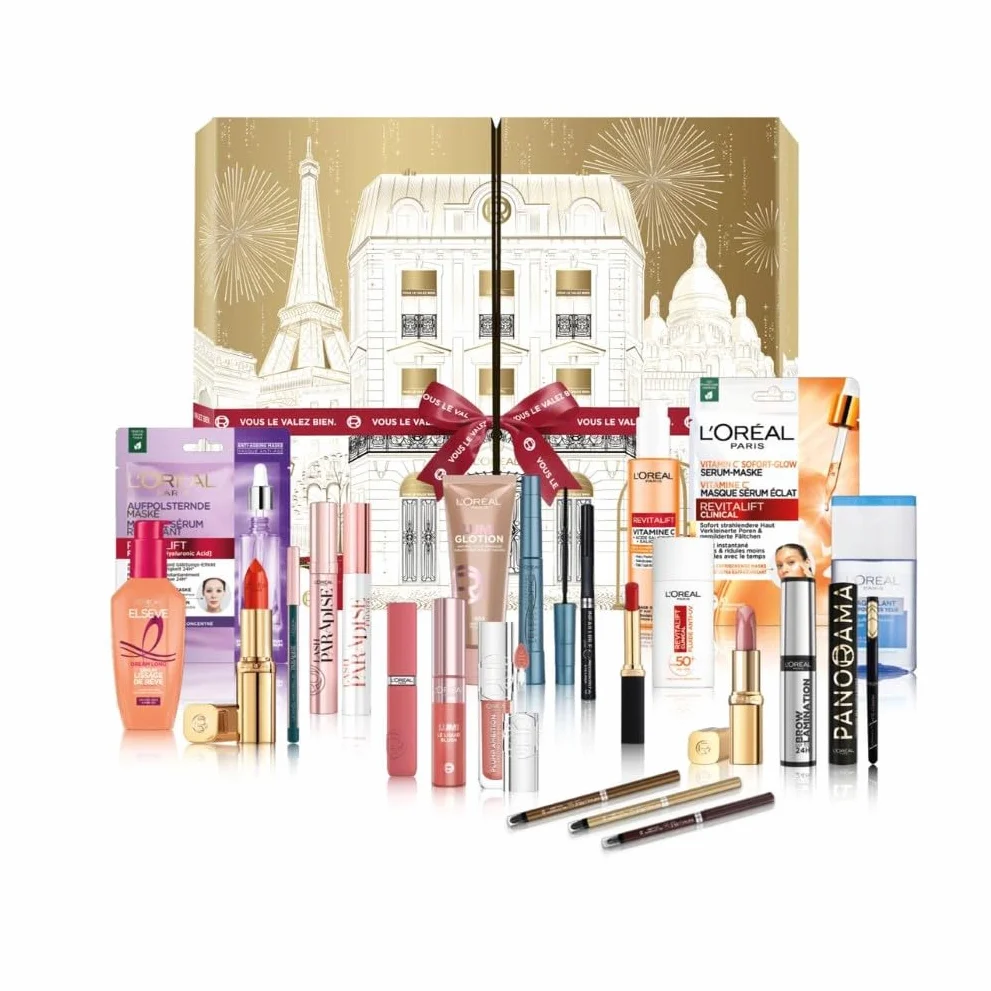 L'Oréal Paris Calendrier de l'Avent 24 Jours Coffret Cadeau Noël Maquillage Soins Visage Cheveux 24 Produits Beauté Taille Réelle