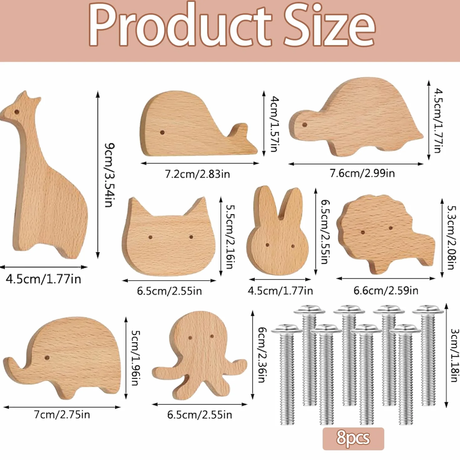 Boutons en bois pour armoire, Lot de 8 Poignées de Meuble en Bois Animals, Poignées animales pour meubles d'enfant