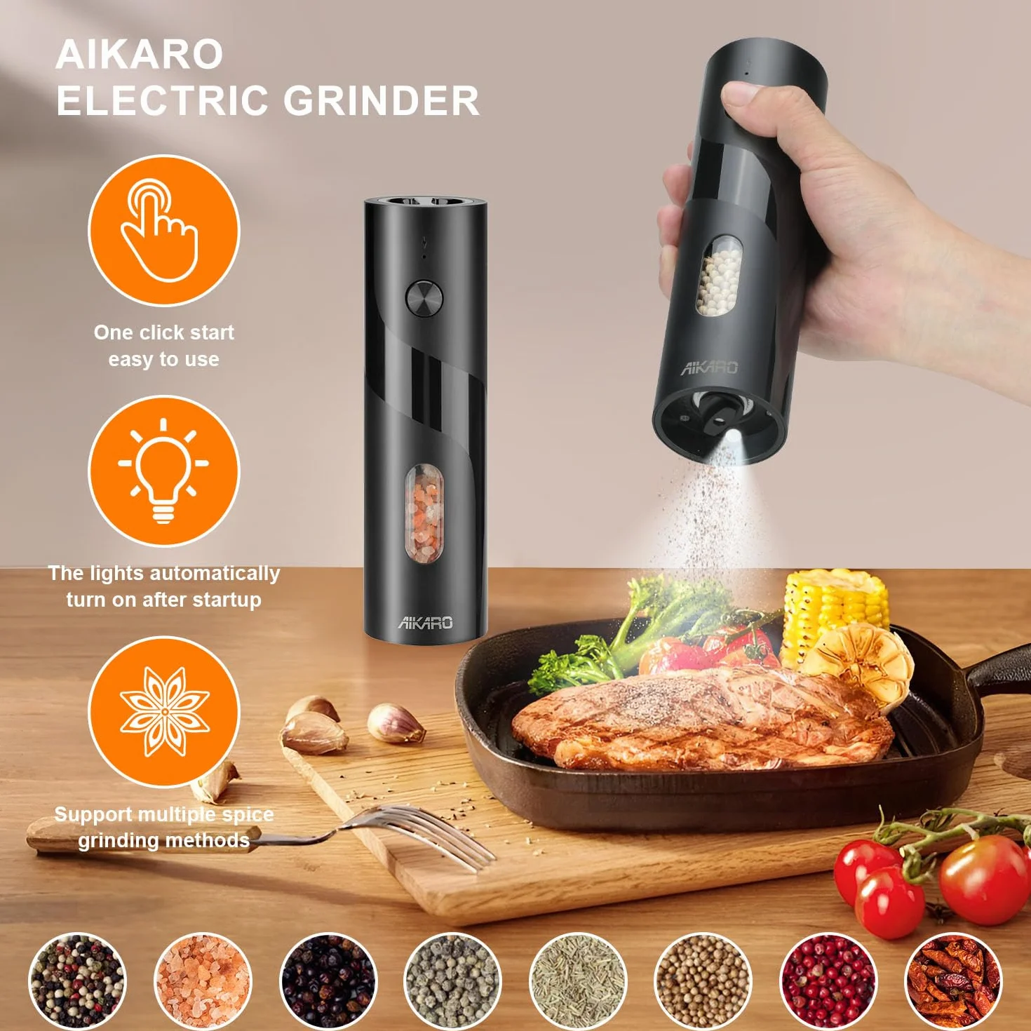 Moulin à sel et poivre électrique rechargeable AIKARO