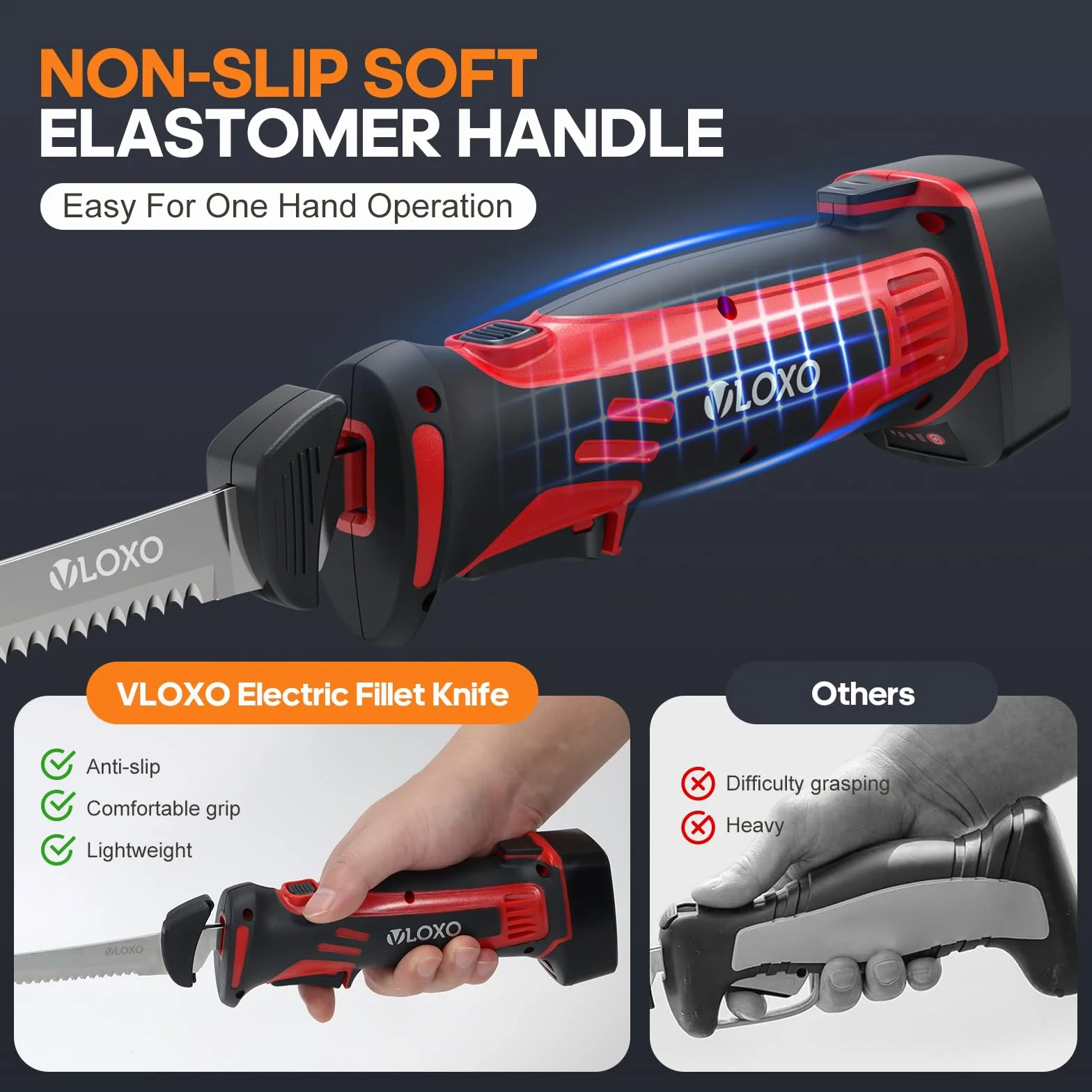 VLOXO Couteau Électrique Sans Fil, Couteau à Filet avec 4 Lames Acier Inox, 2 Batteries