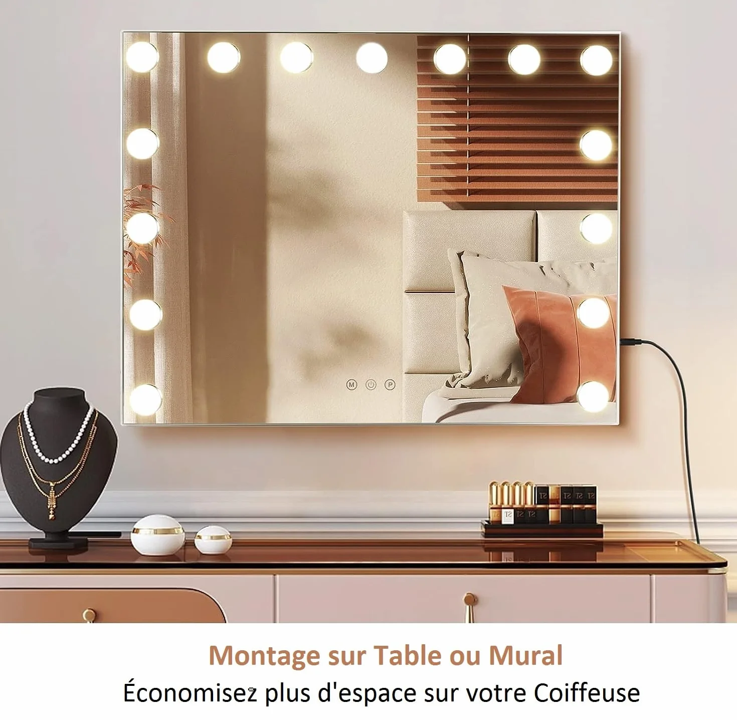 Miroir Maquillage Hollywood Lumineux LED 15 Lumières Dimmables 58x45cm Contrôle Tactile 2 Couleurs Montage Mural Blanc