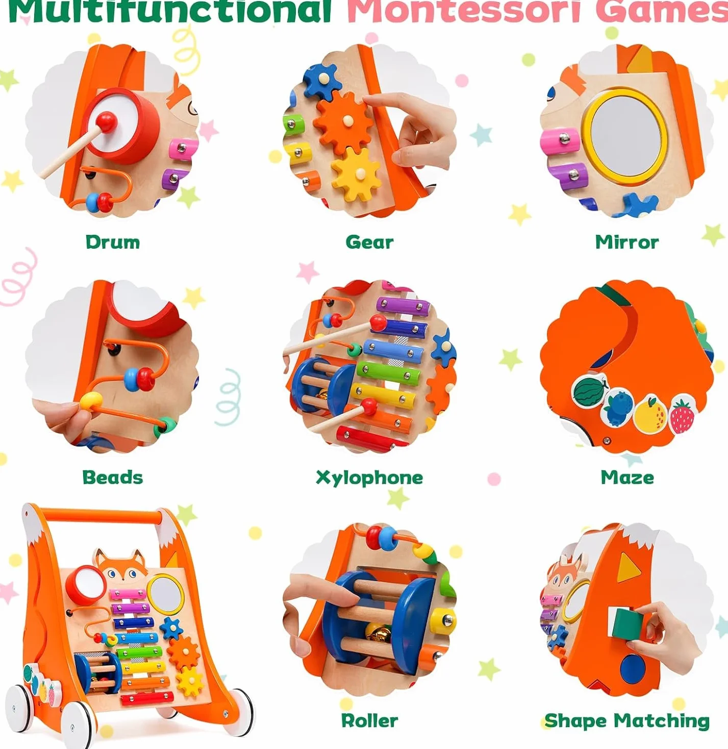 Chariot de Marche en Bois Trotteur Bébé avec Musique et Trieur de Formes Jouet Montessori