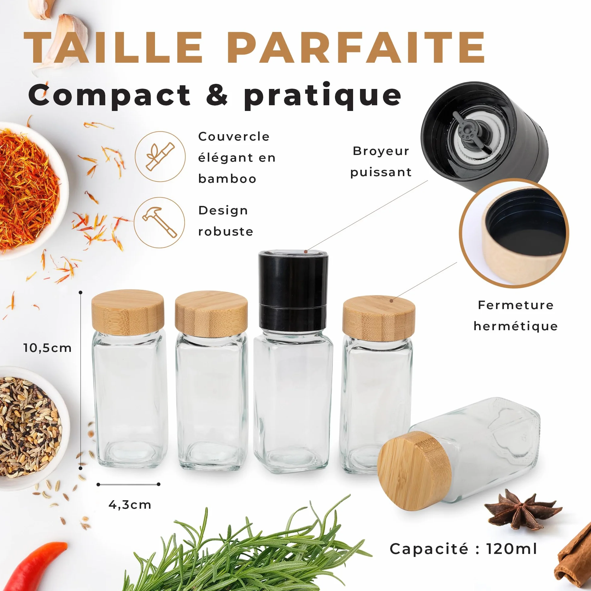 Pots à Épices en Verre et Bois 24 Bocaux 120 ml avec 336 Étiquettes Françaises et 2 Moulins