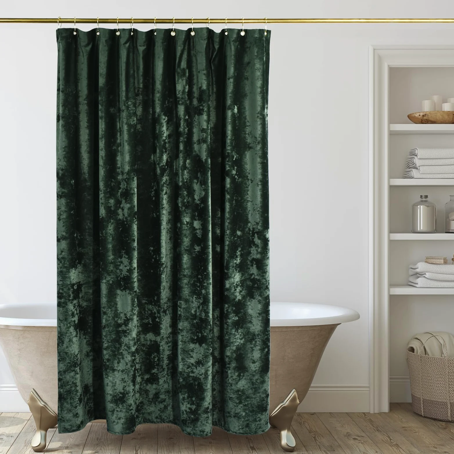 TAMGHO Rideau de Douche en Velours écrasé de Luxe avec 12 Crochets dorés – Rideau de Douche en Tissu épais imperméable pour Salle de Bain – Vert foncé – 183 x 183 cm