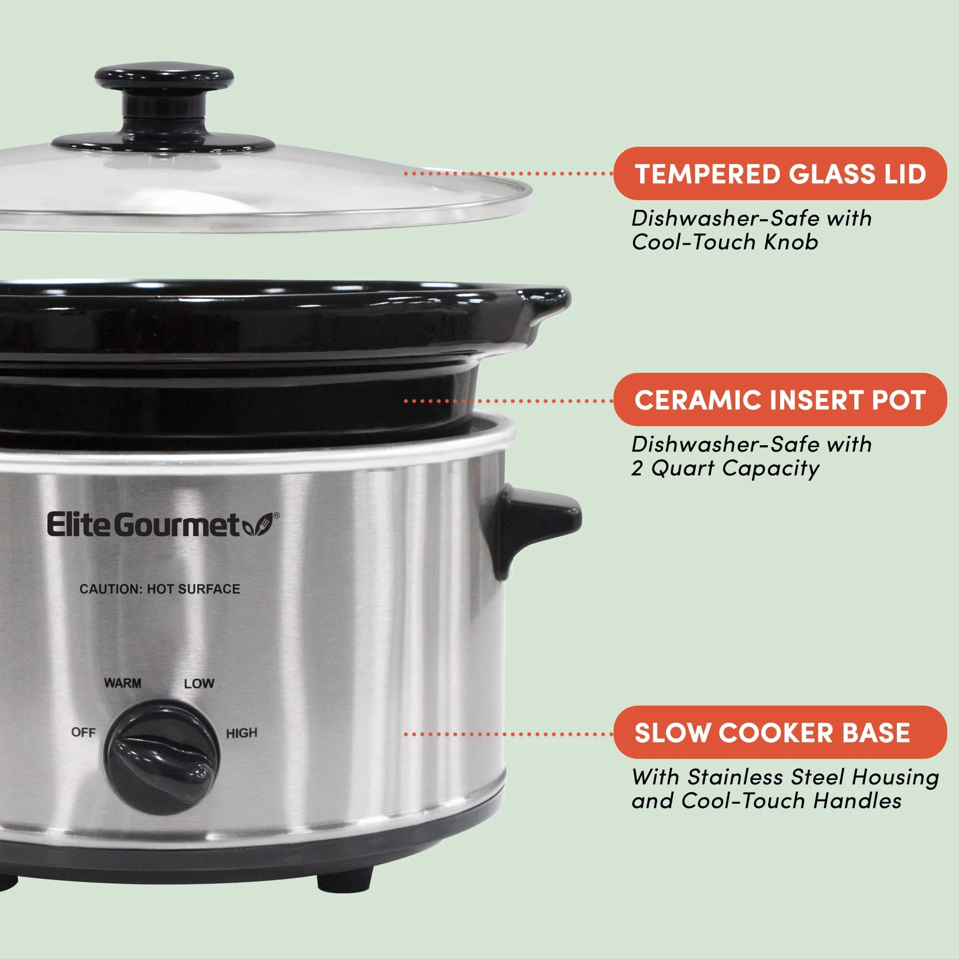 Elite Gourmet MST-275XS Mijoteuse ovale 1,9 L acier inoxydable température réglable