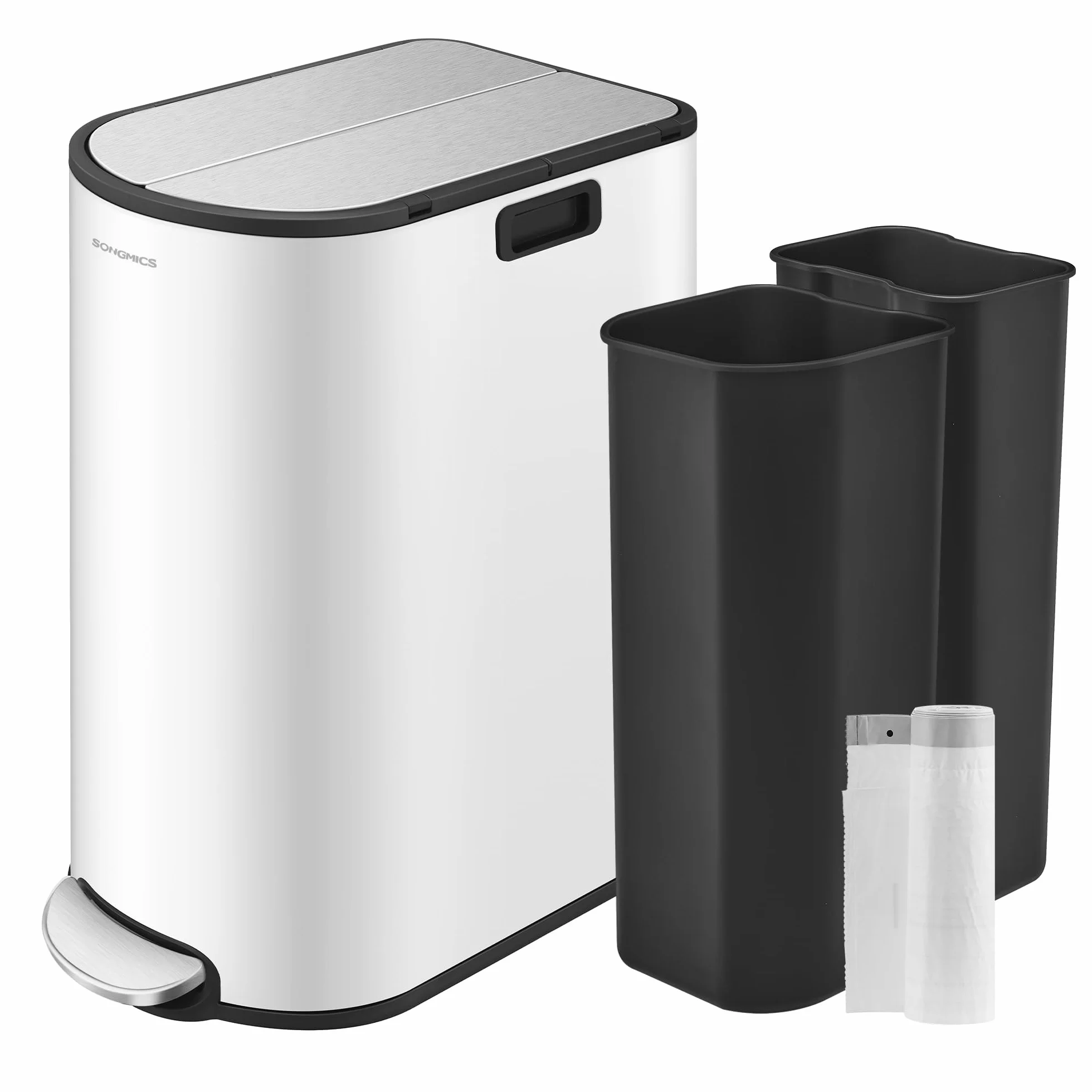 SONGMICS Poubelle Double 30L 20L 2 Compartiments Tri Recyclage Déchets Pédale Couvercles Ailes Blanc Nuage Argent Métallique LTB570W02