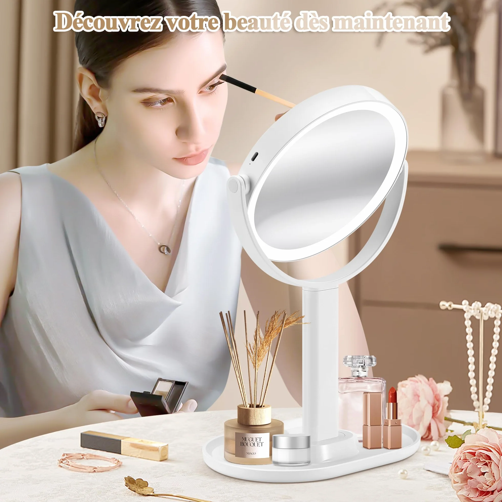 MOMOKUBA Miroir Grossissant Lumineux X 20, Miroir Grossissant sur Pied 8", Double Face 64 LED, Rechargeable Rotation 360°