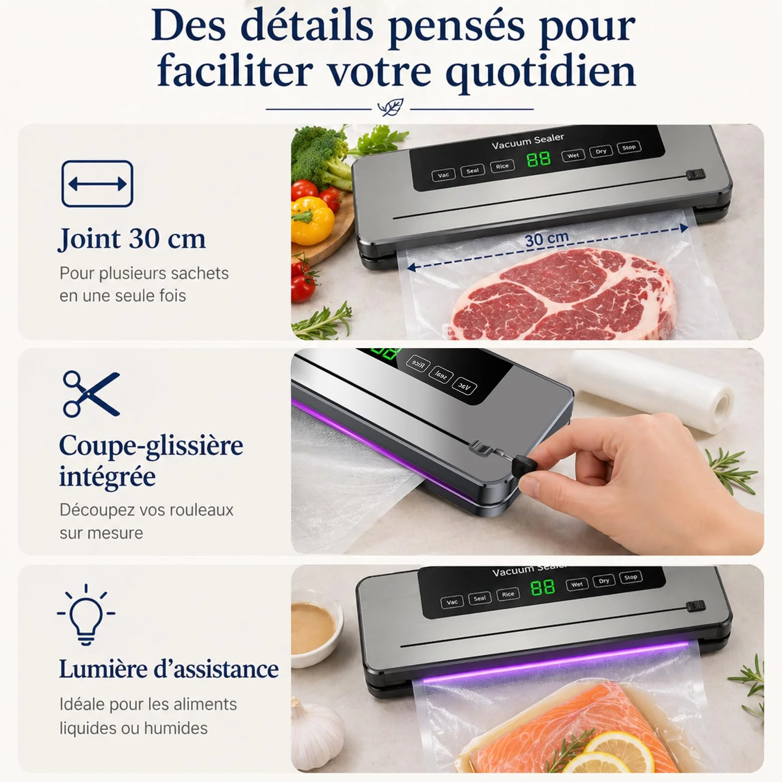 Machine Sous Vide Alimentaire 5 en 1 avec 50 Sacs, Mode Humide et Sec
