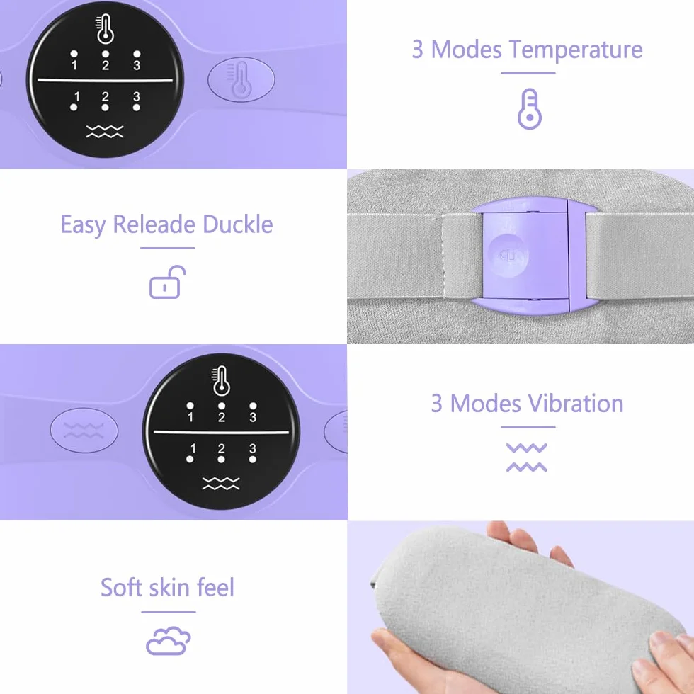 Ceinture chauffante menstruelle avec 3 niveaux de chaleur et 3 modes de massage (Violet)