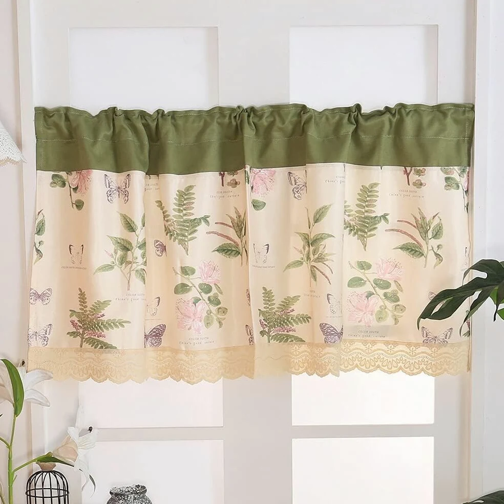 Rideau de fenêtre de cuisine, rideaux de café, rideau court for cuisine, rideau de café floral de style pastoral, mélange de coton et de polyester, cantonnière de fenêtre, demi-rideau avec passe-tring