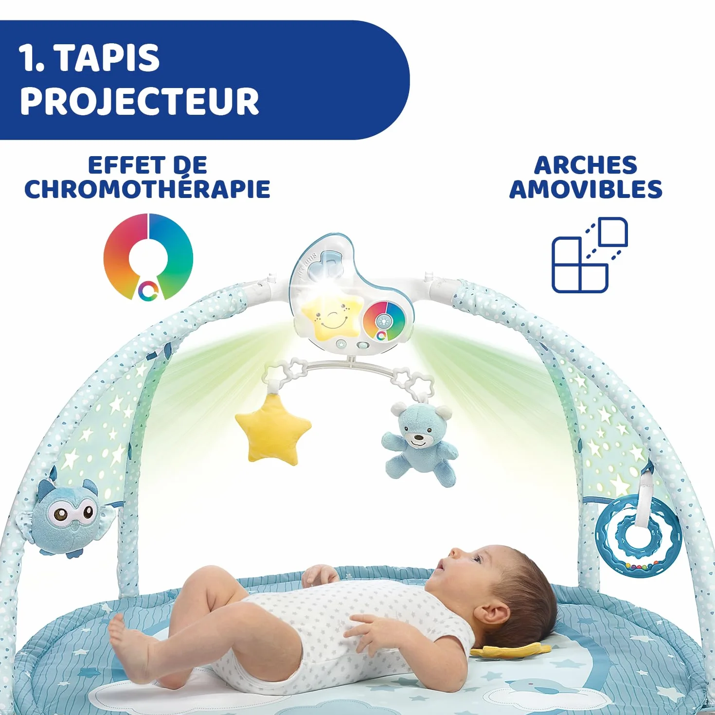 Chicco Tapis d'Éveil 3 en 1 Gym Électronique Multifonction avec Projecteur d'Étoiles, Veilleuse et Musique Relaxante - Bleu