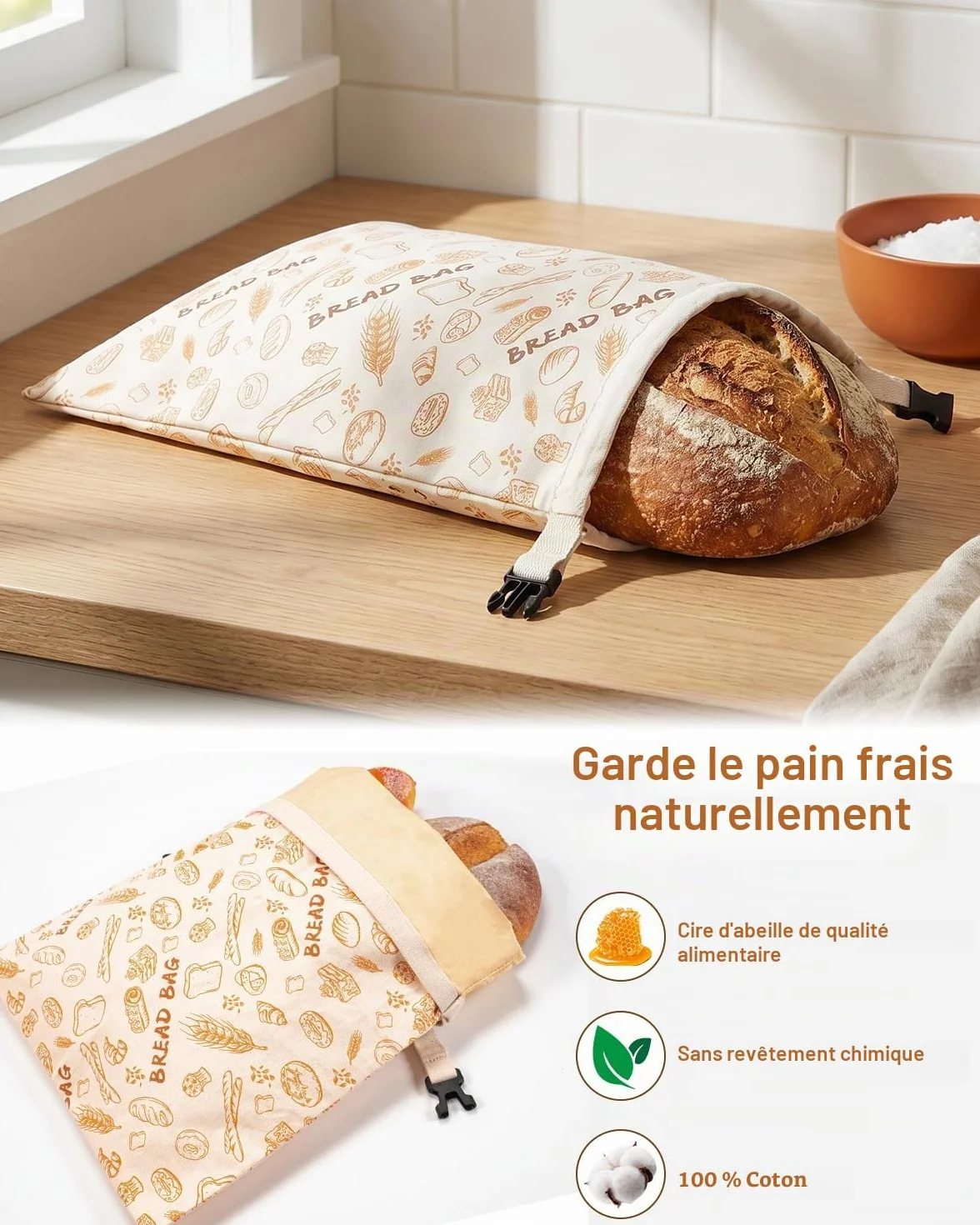 Sacs à Pain en Cire d'Abeille 43x33 cm Réutilisable en Coton Conservation Pain au Levain Baguette