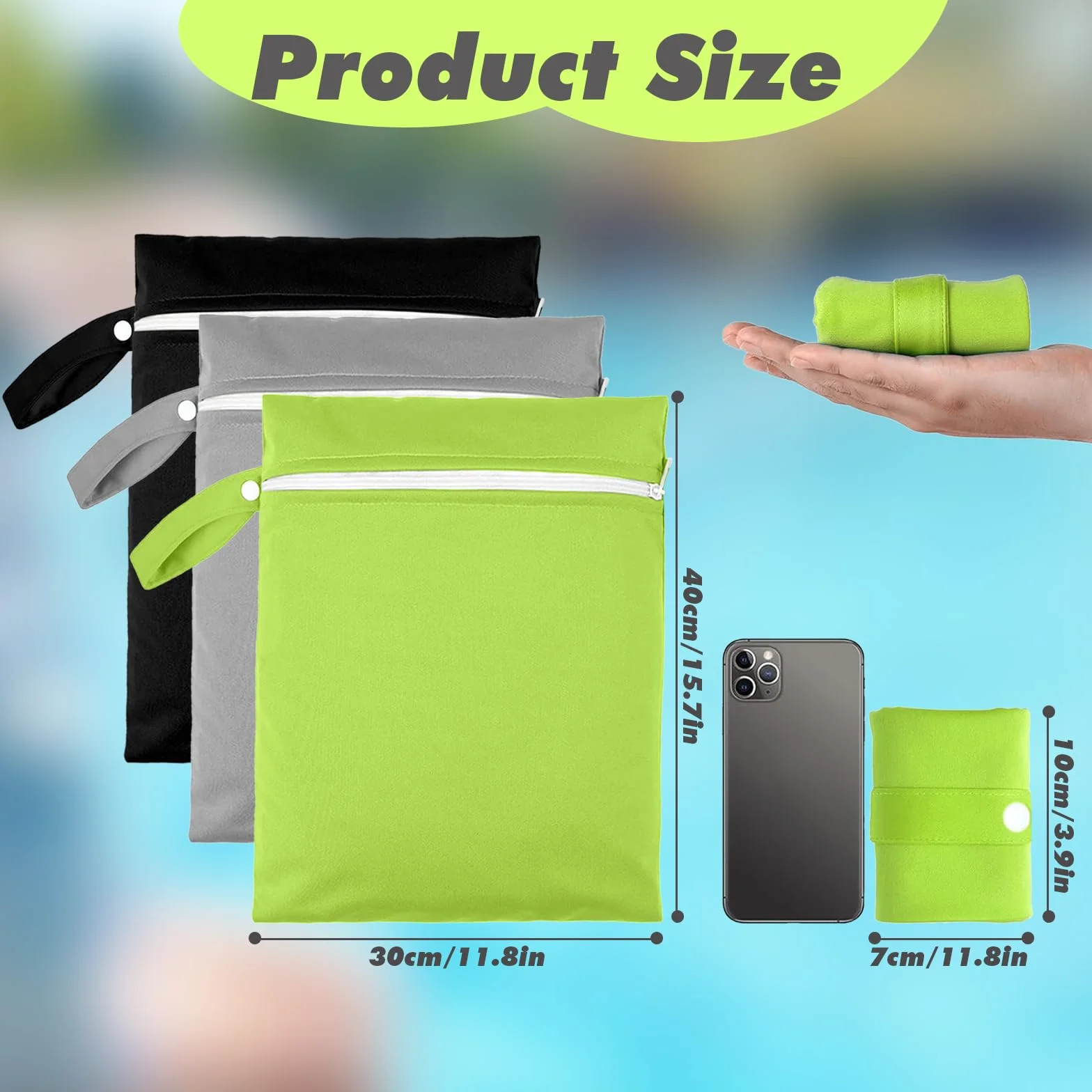 Wetbag Imperméable 40x30 cm 3 Pièces avec Fermeture Éclair, Sac à Couches Lavables Noir Gris Vert