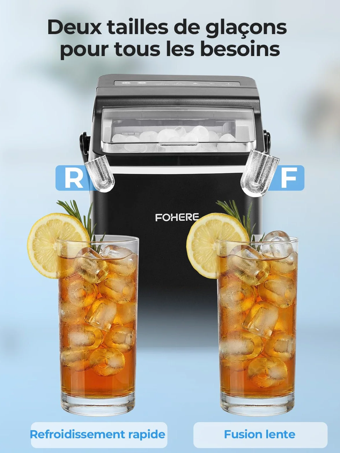 FOHERE Machine à Glaçons Portable, 14kg/24h, 9 Glaçons Bullet en 5 Min, 2 Tailles, Auto-Nettoyante
