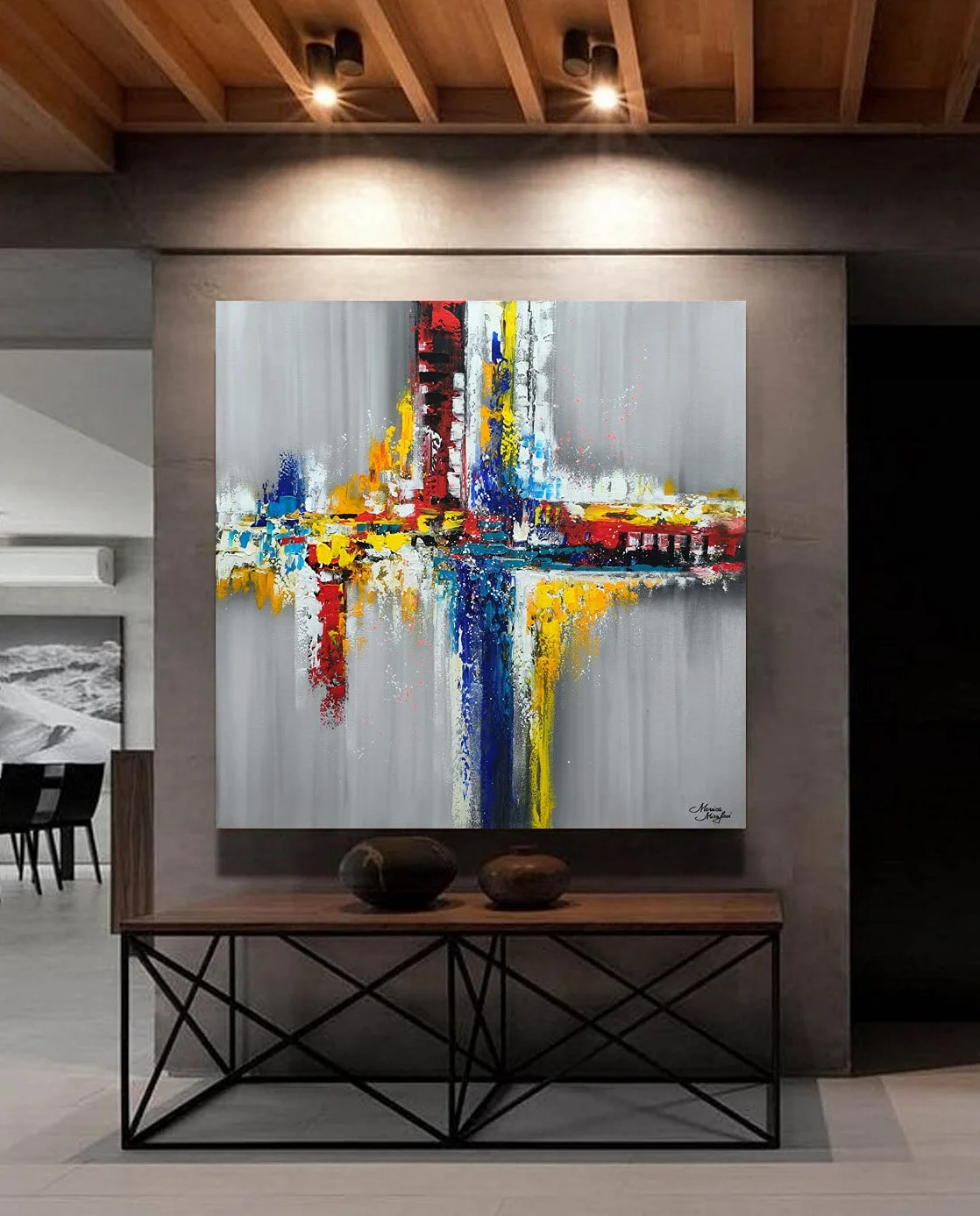 Tableau Peint à la Main 90x90 cm Toile sur Cadre en Bois Monica Mirafiori