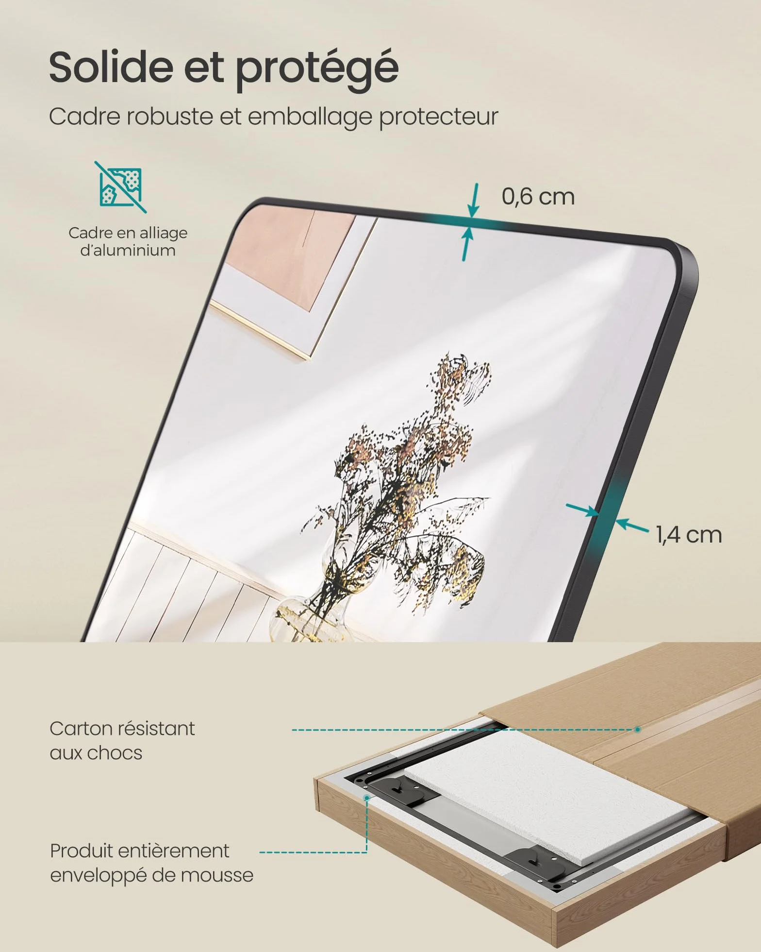 SONGMICS Miroir Intégral Suspendu 120 x 40 cm Cadre en Alliage d'Aluminium Verre Trempé Noir d'encre LFM032B01