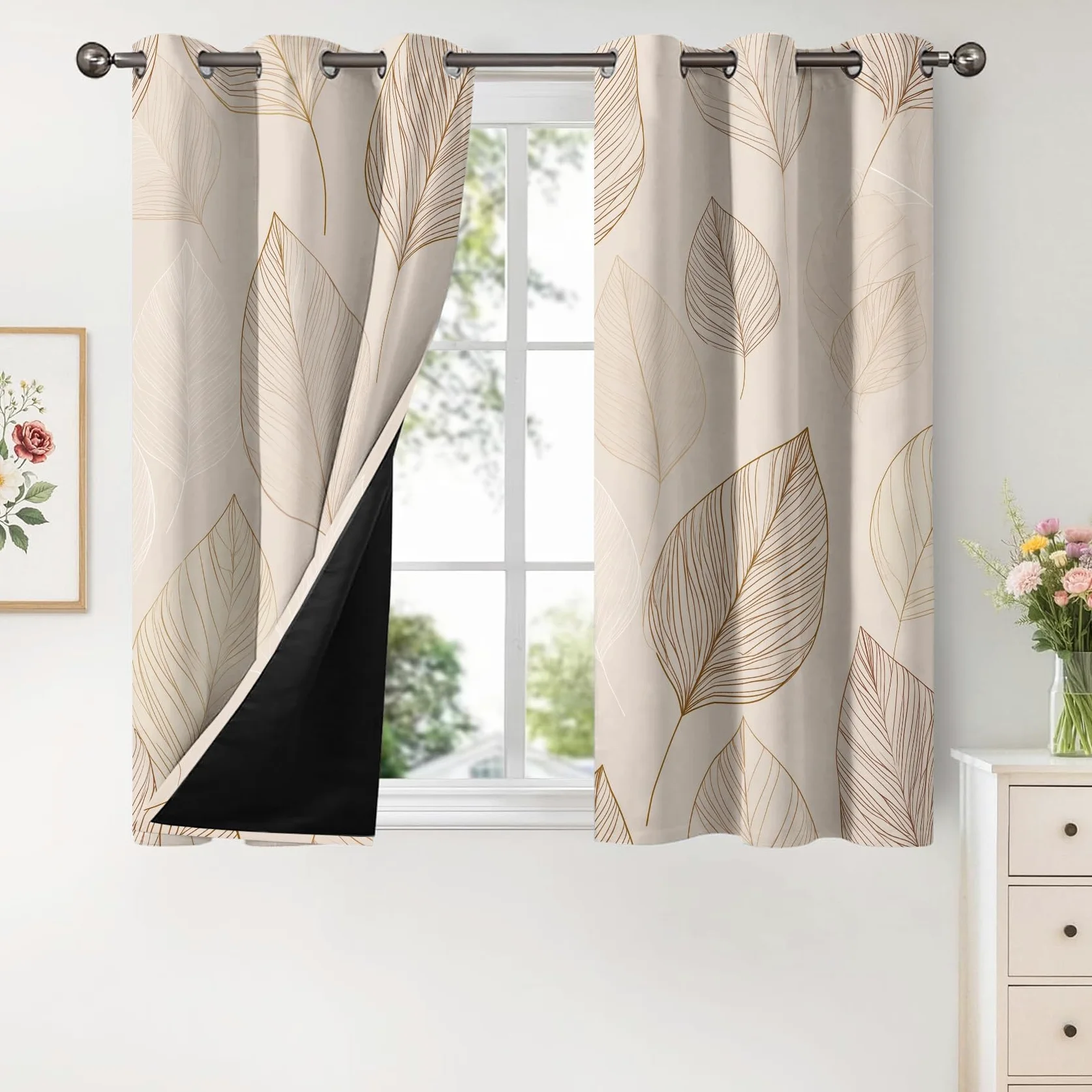 Générique Rideau Occultant Feuille, 117 x 137 (LxH) 2 Pieces, Opaque 95%, Motif Feuilles Plante Beige, Rideaux Fenetre Thermiques à Oeillets, Decoration Maison Salon Chambre GCB166