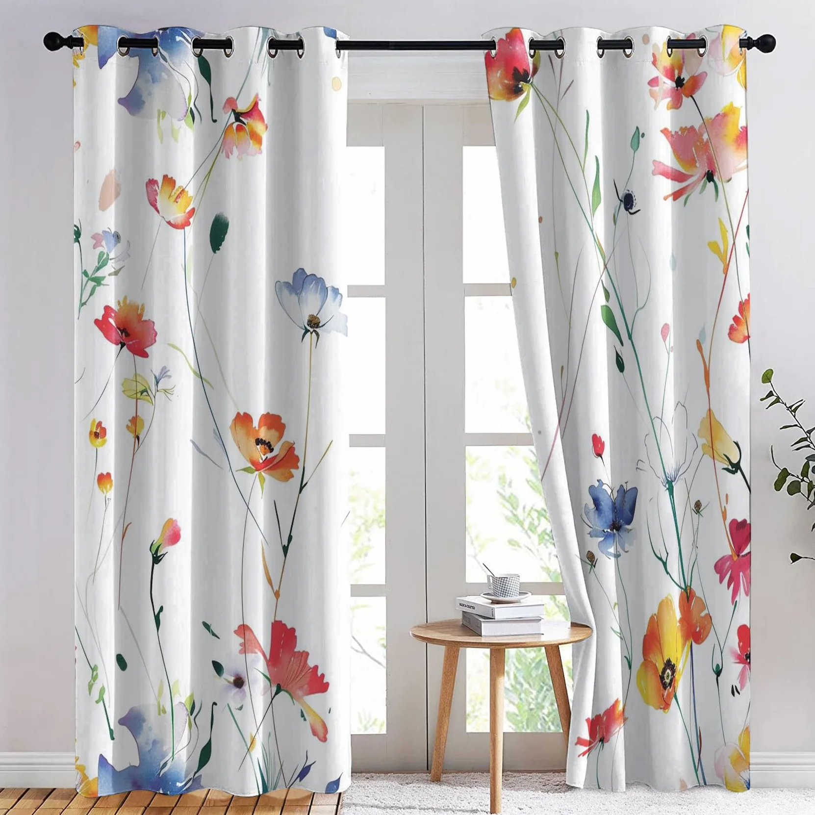 Rideau Occultant Aquarelle Fleur, Rideaux Thermiques à Oeillets pour Chambre, Motif Plante Floral Rideaux Salon, Moderne Lot de 2 Décoration de Fenêtre Rideaux 140x160cm LxH (Wx-&91)