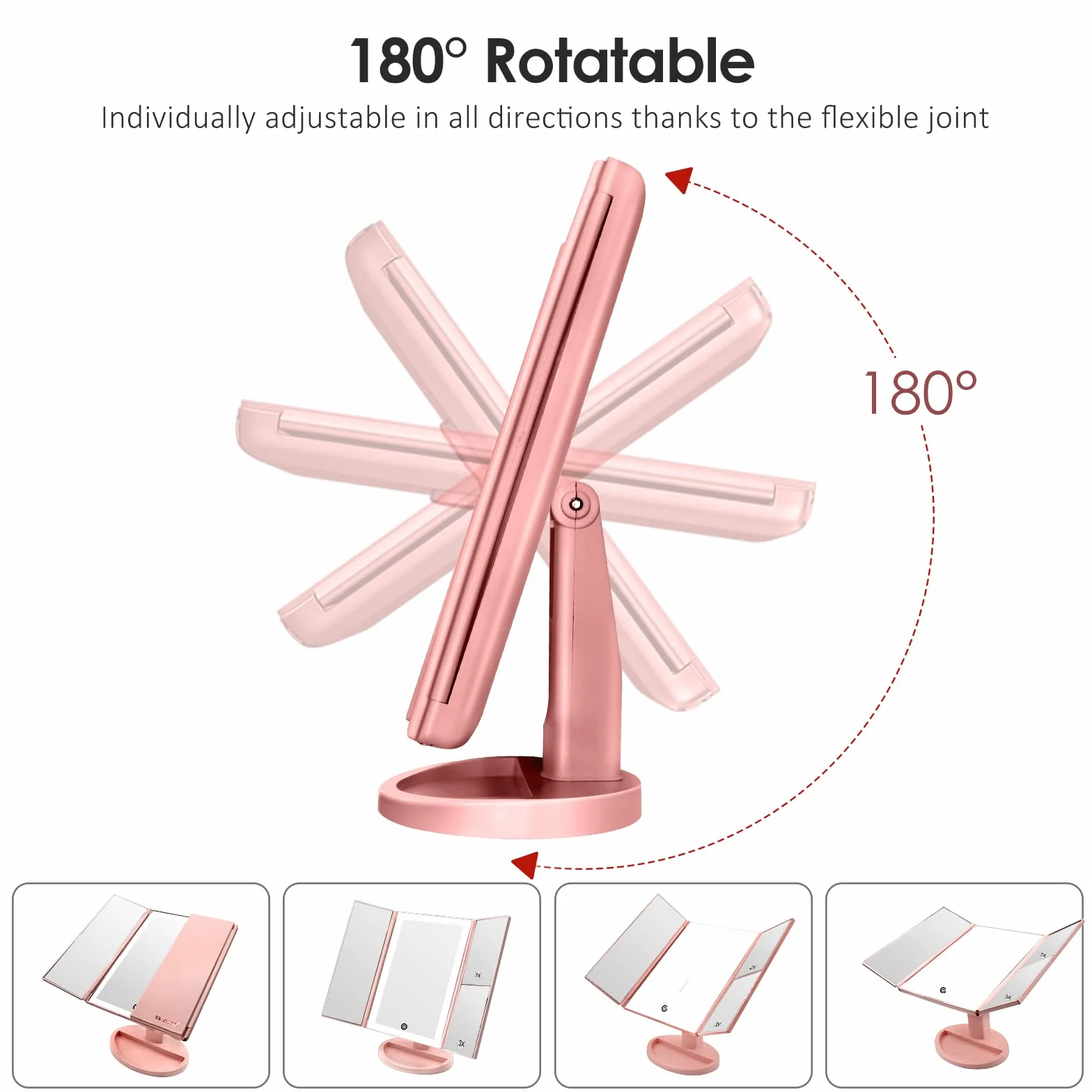 WEILY Miroir Maquillage Grossissant Lumineux LED Pliable 1X/2X/3X Écran Tactile USB Batterie Or Rose