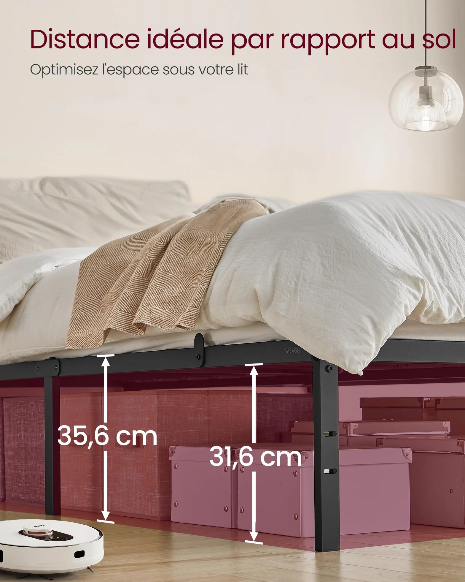 VASAGLE Cadre de lit Double métal Lit 140x190 cm 450 kg Noir d'encre RMB133B01