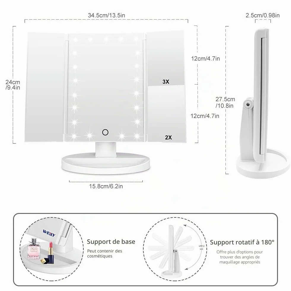 WEILY Miroir de Maquillage 3 Volets avec 21 LED Tactile Blanc